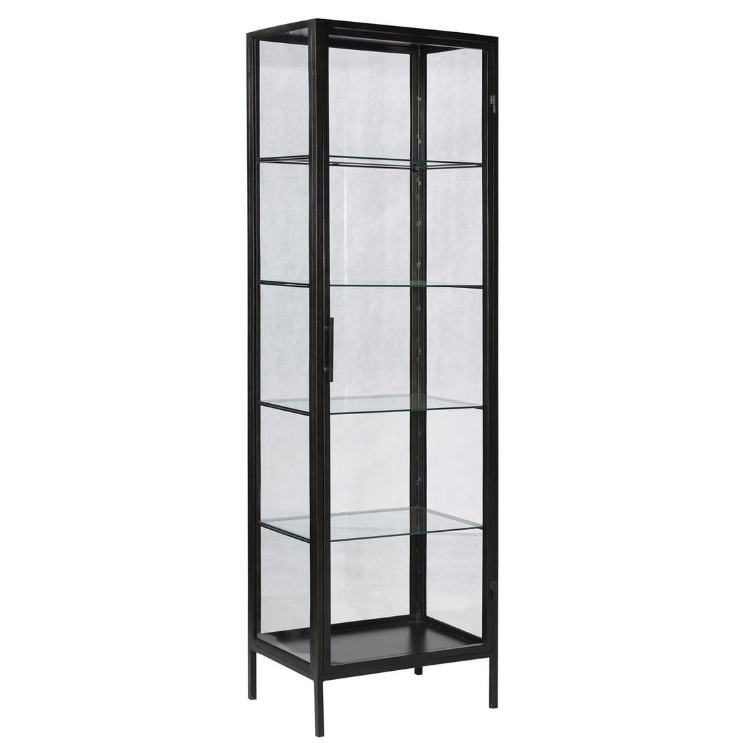 Benito Industrial Gunmetal Display Cabinet with Glass Doors 78H: Benito Industrial Gunmetal Display Cabinet with Glass Doors 78H Enhance your living space with this stylish gunmetal display cabinet, crafted with an iron frame and glass doors. This industrial-style 