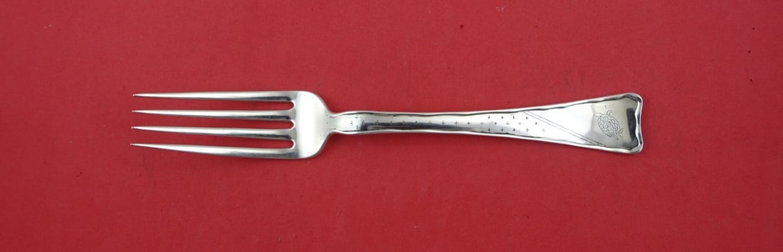 Tiffany Sterling Silver 8" Dinner Fork Turtle Lap Over Edge Engraved: Tiffany Sterling Silver 8" Dinner Fork Turtle Lap Over Edge Engraved This exquisite 8" dinner fork from Tiffany & Co. showcases the elegant Lap Over Edge pattern, complemented by intricate hand engrav