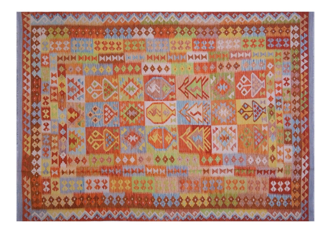 Handwoven Wool Maimana Kilim Rug with Geometric Motif 6'8" x 9'10" (1 of 4)