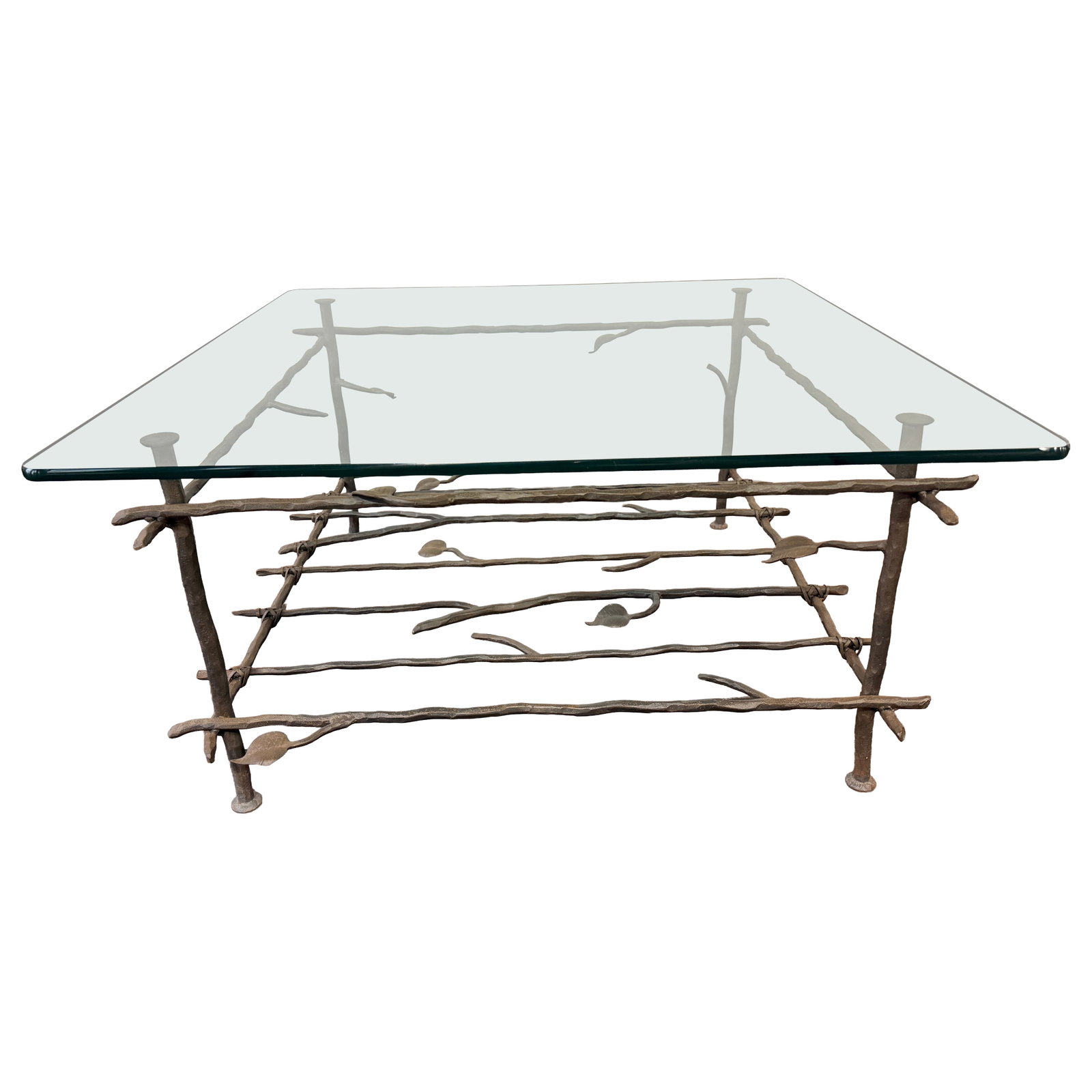 Forged Iron Coffee Table with Glass Top in Giacometti Style Vine Trellis Base (1 of 11)