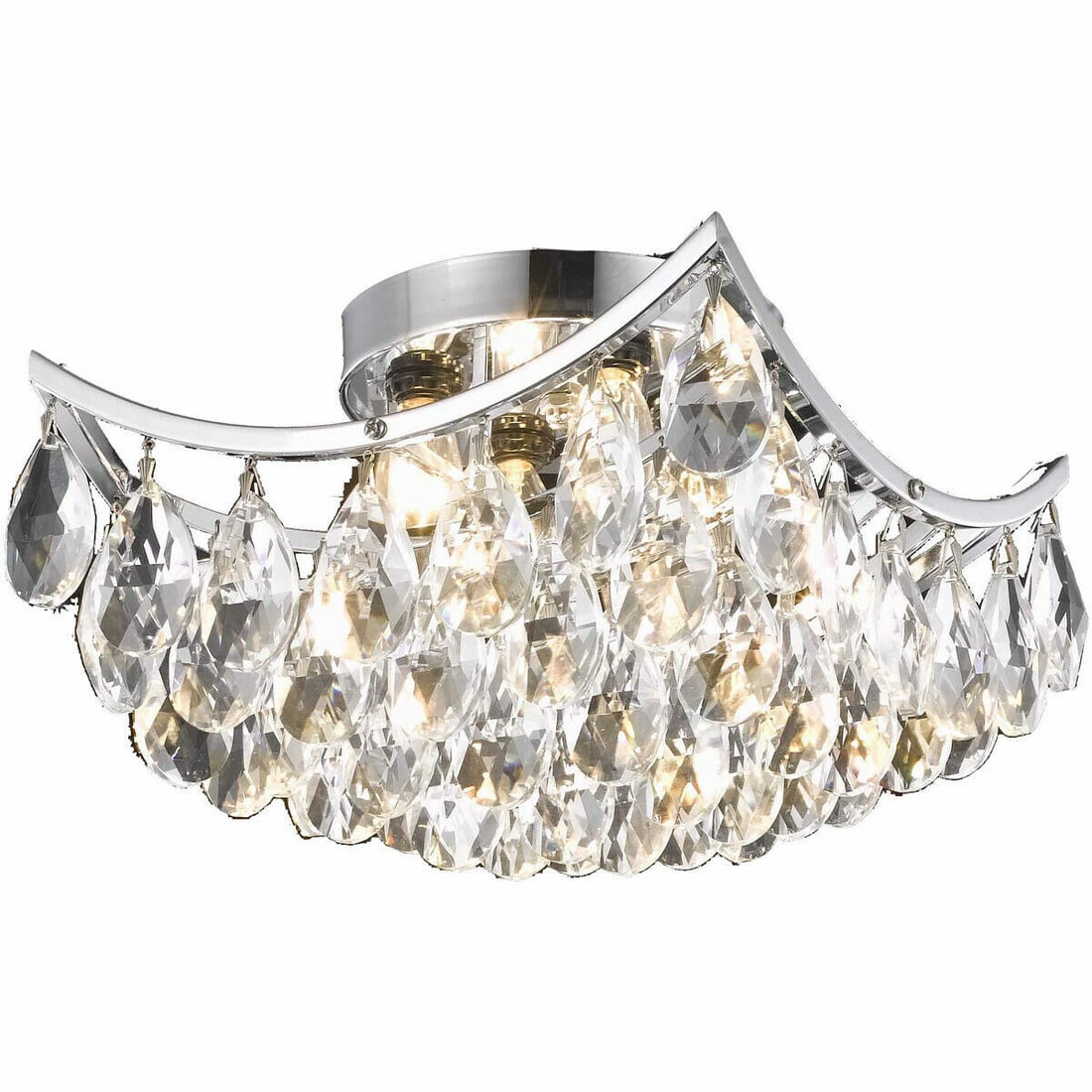CLARA 4-Light Chrome Flush Mount Crystal Chandelier 10 inch: CLARA 4-Light Chrome Flush Mount Crystal Chandelier 10 inch This modern flush mount chandelier features a chrome-plated finish and is adorned with royal cut clear crystal glass teardrops. Measuring 10