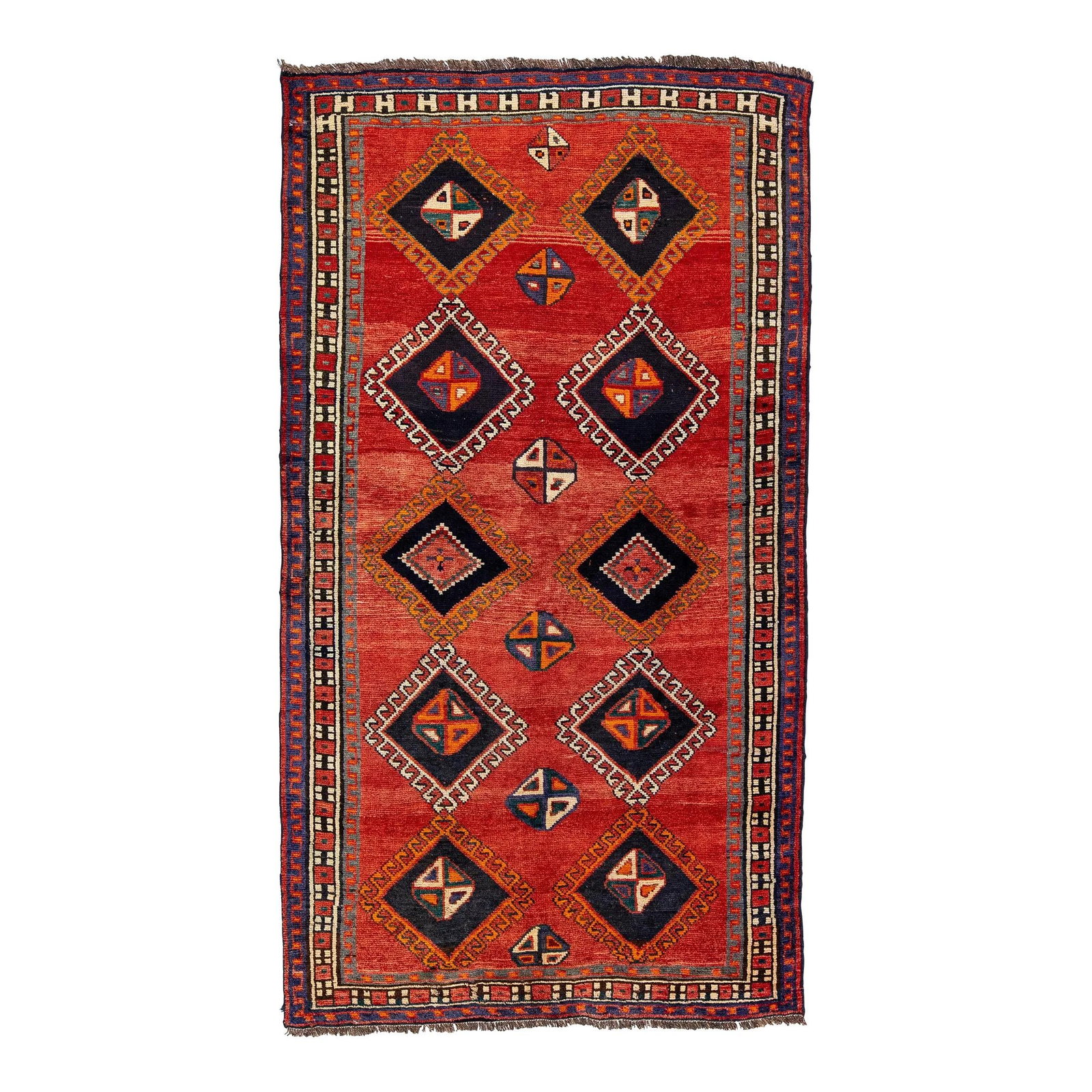 1960s Handmade Shiraz Wool Rug Multicolor Tribal Motif 4'5 x 8'1: 1960s Handmade Shiraz Wool Rug Multicolor Tribal Motif 4'5 x 8'1 Experience the charm of a 1960s vintage handmade Shiraz Persian wool rug, showcasing a vibrant red-rust field adorned with a captivatin