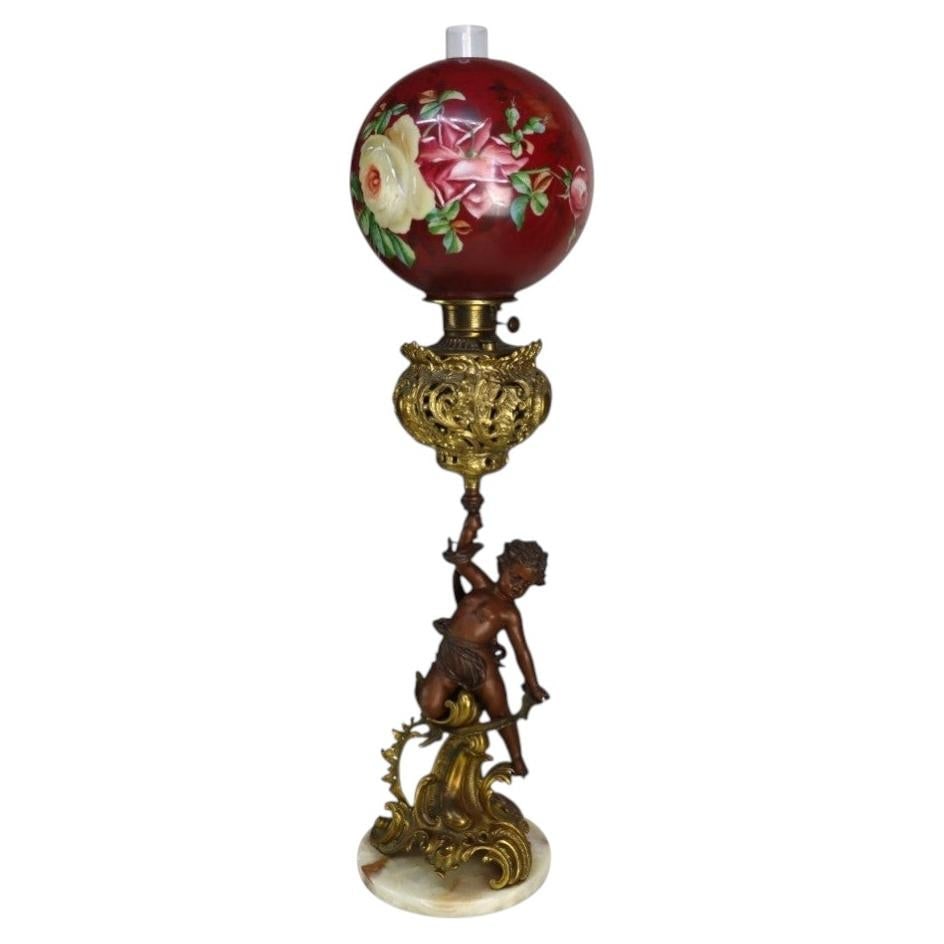 Victorian Bradley Hubbard figural oil lamp brass bronze marble glass 19th century (1 of 14)