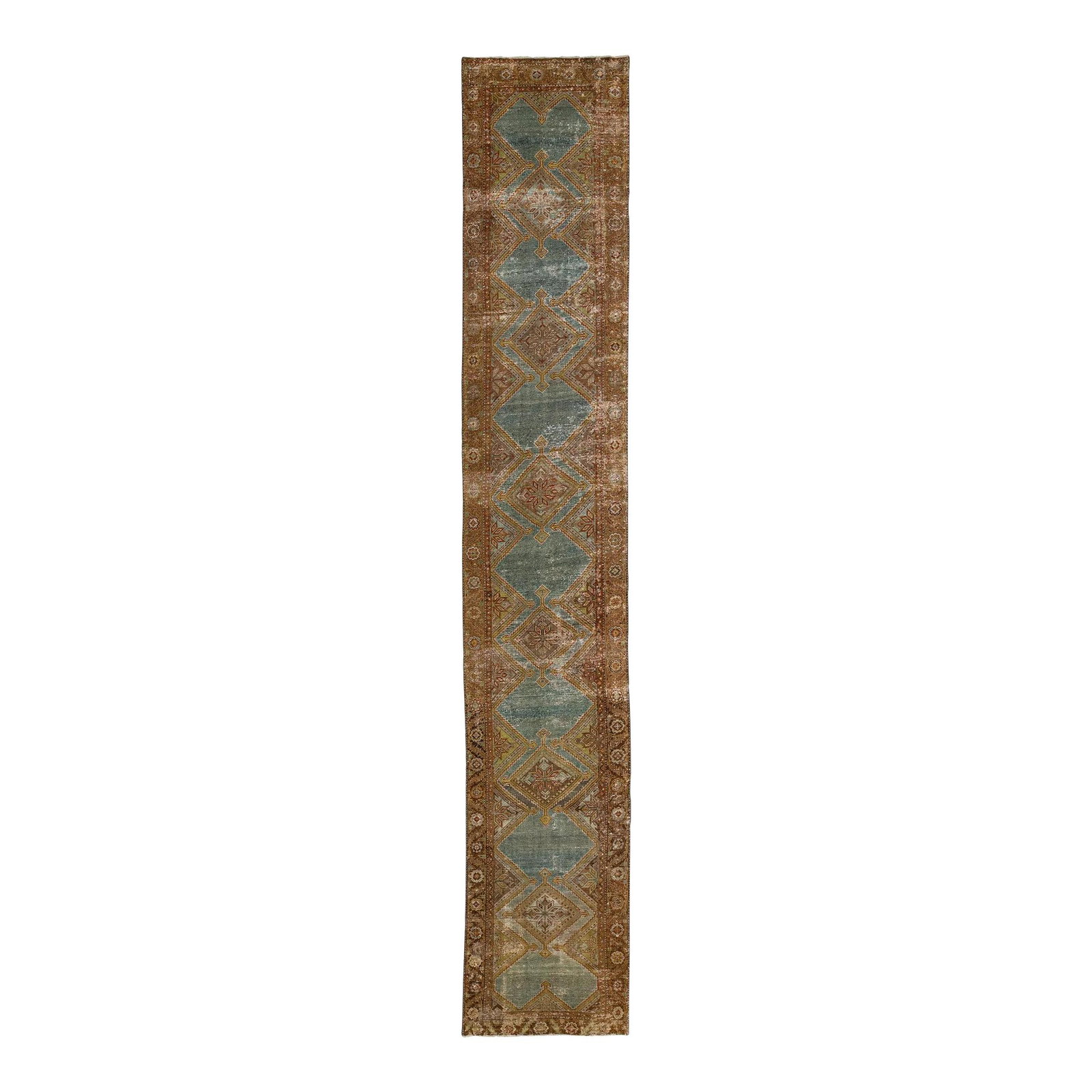 Antique Persian Malayer Wool Runner Blue Rust Tribal Design 3'2 x 18'5: Antique Persian Malayer Wool Runner Blue Rust Tribal Design 3'2 x 18'5 This exquisite Persian Malayer wool runner rug showcases an antique elegance with its hand-knotted wool construction. The strikin
