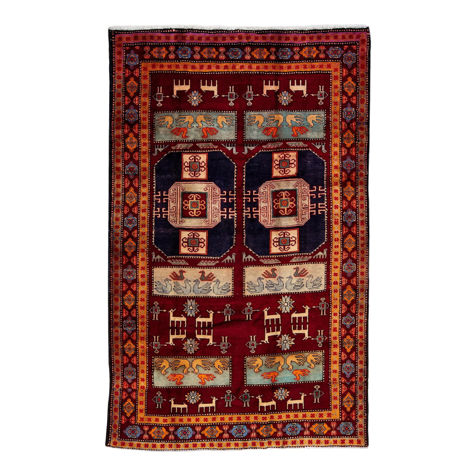 Stunning Vintage Persian Wool Rug Ruby-Red Tribal Design 4'9 X 7'10: Stunning Vintage Persian Wool Rug Ruby-Red Tribal Design 4'9 X 7'10 Enhance your space with this beautiful vintage Persian hand-knotted wool rug featuring a striking ruby-red field. The rug showcases 