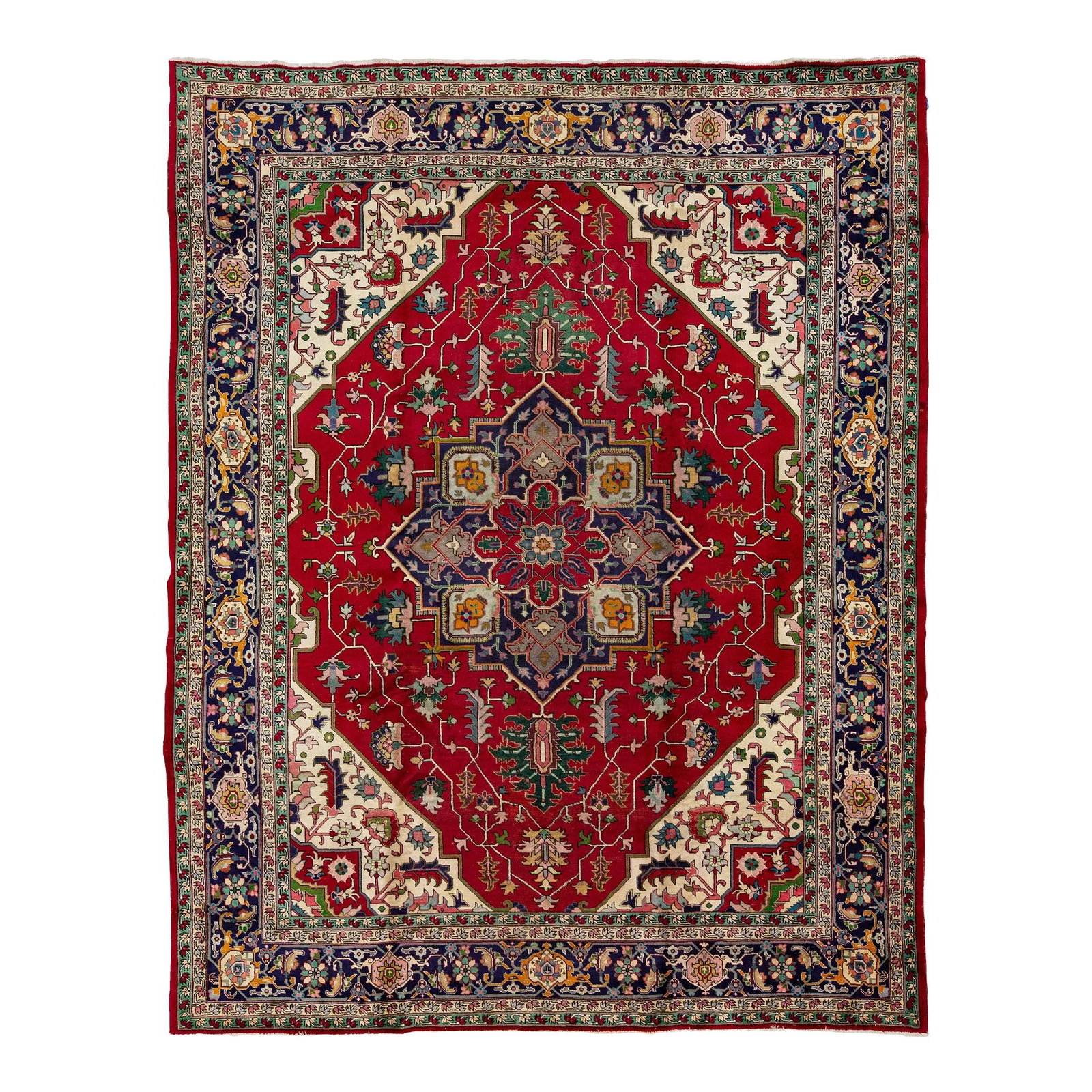 Vintage Heriz Handmade Wool Rug Red Medallion Motif 9'7 x 12'3: Vintage Heriz Handmade Wool Rug Red Medallion Motif 9'7 x 12'3 This exquisite Vintage Heriz wool rug features a striking red field adorned with multicolor accents that enhance its timeless design. Mea