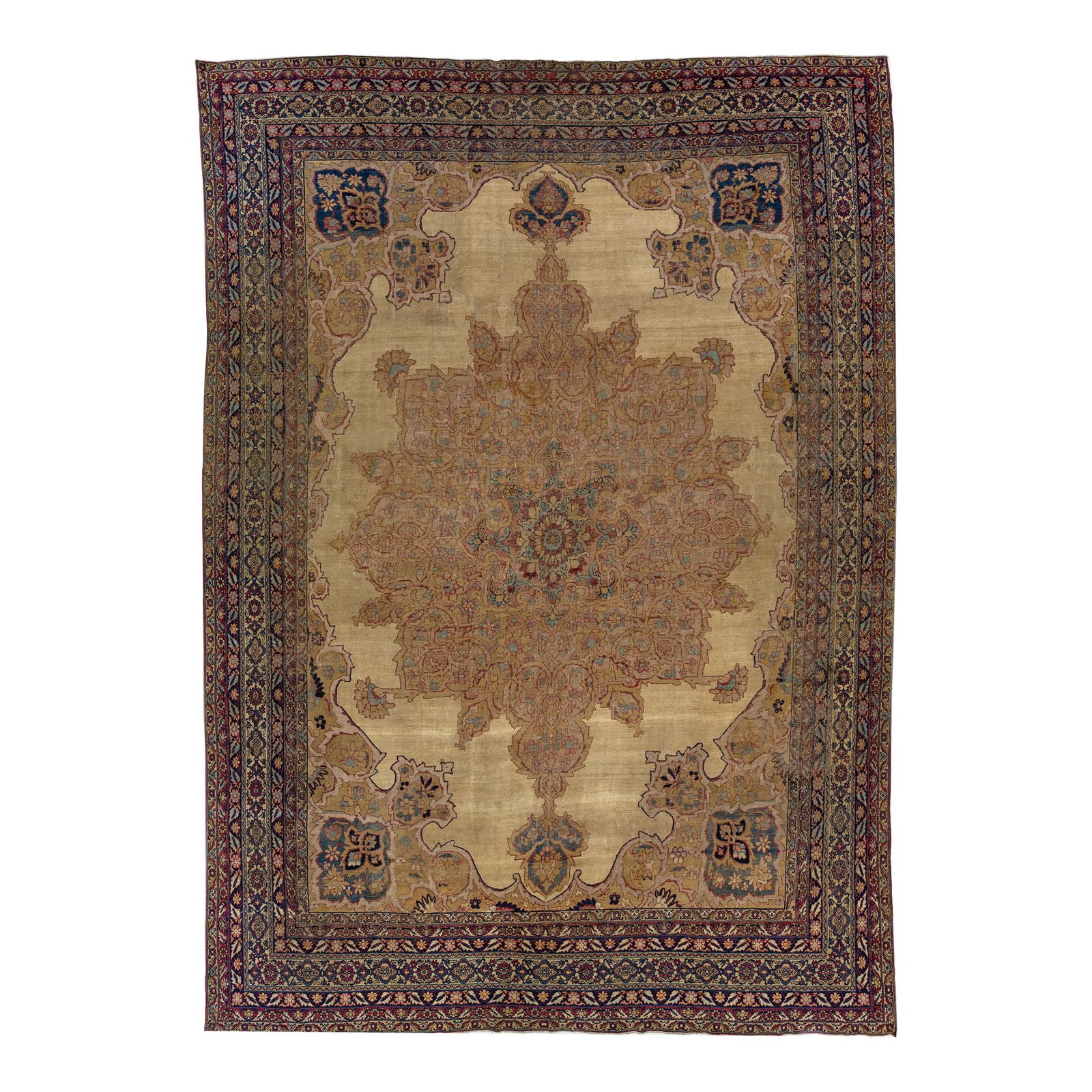1880s Persian Kerman Wool Rug Tan Medallion Design 10'2 x 14'7 (1 of 7)