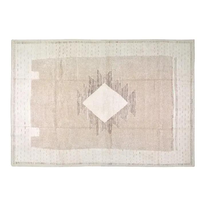 Azilal Moroccan Wool Medallion Rug Hand Knotted 10' x 14'4": Azilal Moroccan Wool Medallion Rug Hand Knotted 10' x 14'4" This Moroccan Azilal tribal rug features a hand-knotted wool construction and a medallion design. The rug is pre-owned and showcases a white