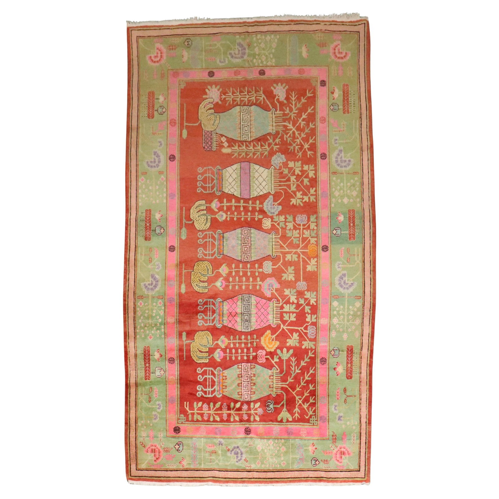 Early 20th Century Hand-Knotted Samarkand Khotan Rug Pink Green Design (1 of 12)