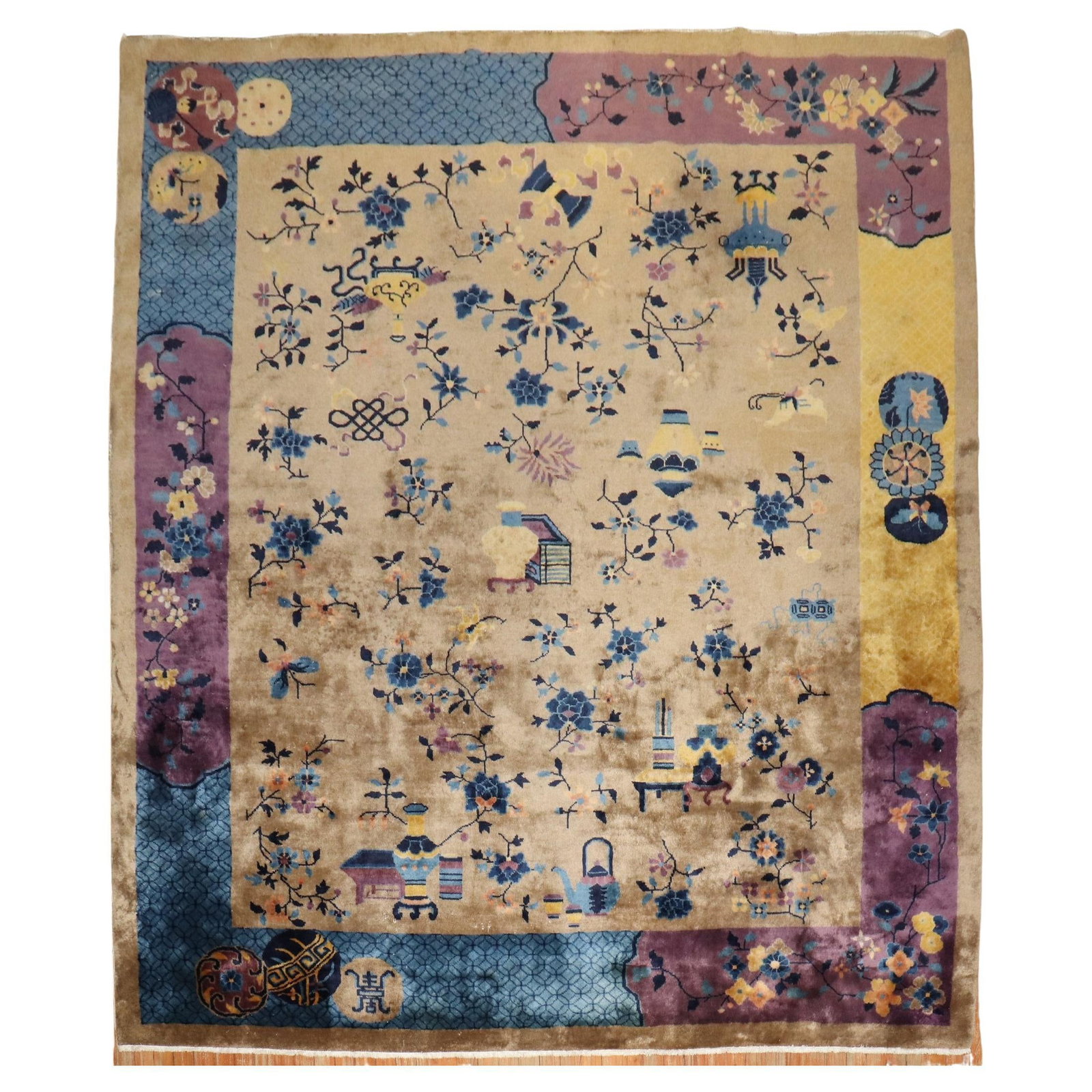 Zabihi Collection Hand-Woven Chinese Art Deco Rug 105 x 114 in: Zabihi Collection Hand-Woven Chinese Art Deco Rug 105 x 114 in Discover the elegance of this early 20th Century Chinese Art Deco rug, hand-woven with meticulous craftsmanship. This stunning piece show