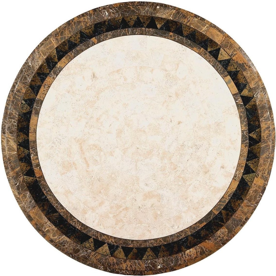 Round Regency Style Foyer Table with Brass and Fossil Stone Inlay: Round Regency Style Foyer Table with Brass and Fossil Stone Inlay This Regency style foyer table features a round design with a Heritage Brown multi-color finish. Expertly crafted using brass, fossil 