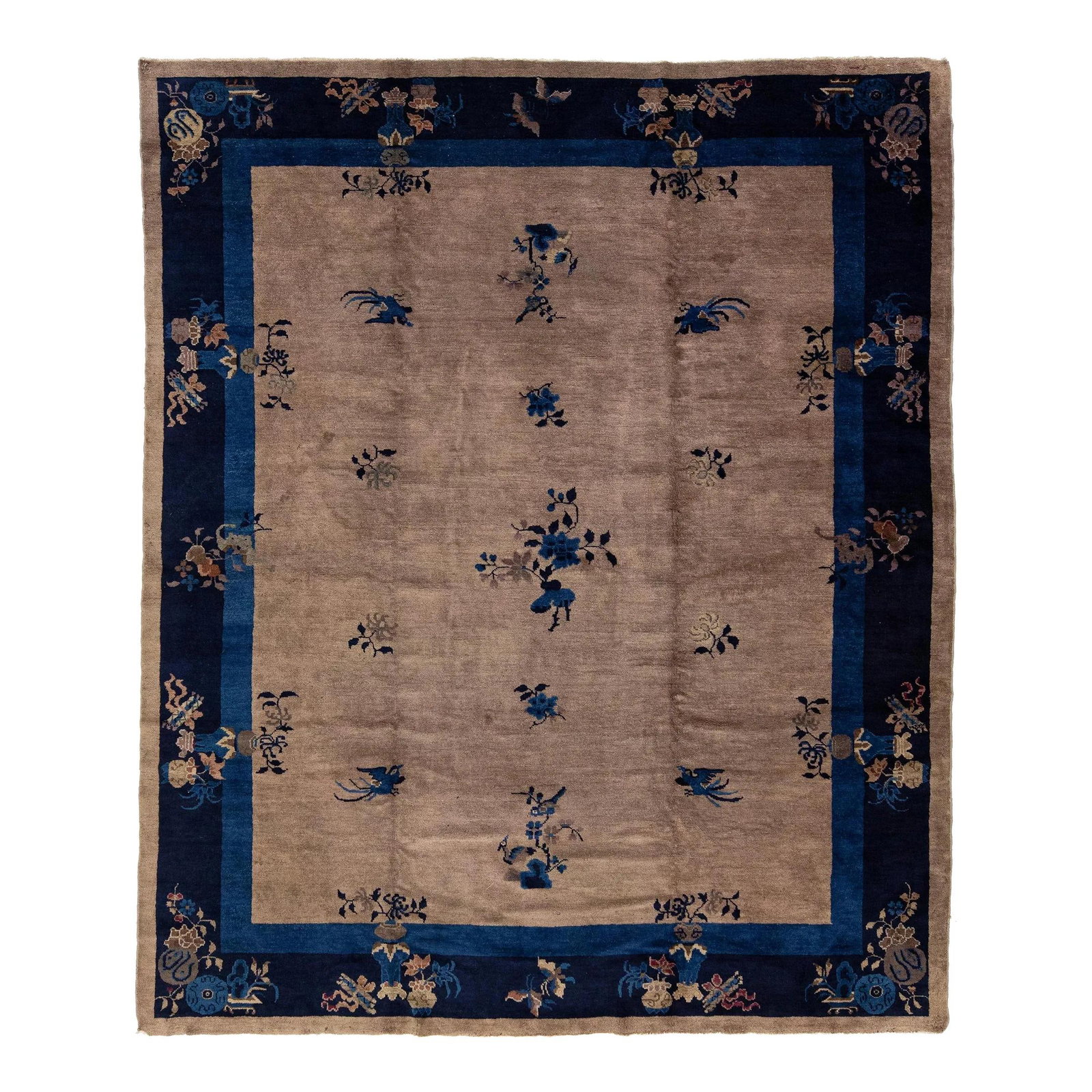 Antique Chinese Art Deco Floral Wool Rug 8' x 9'7: Antique Chinese Art Deco Floral Wool Rug 8' x 9'7 This exquisite hand-knotted Antique Chinese Art Deco rug showcases a stunning floral design characterized by black hues set against a rich brown backg