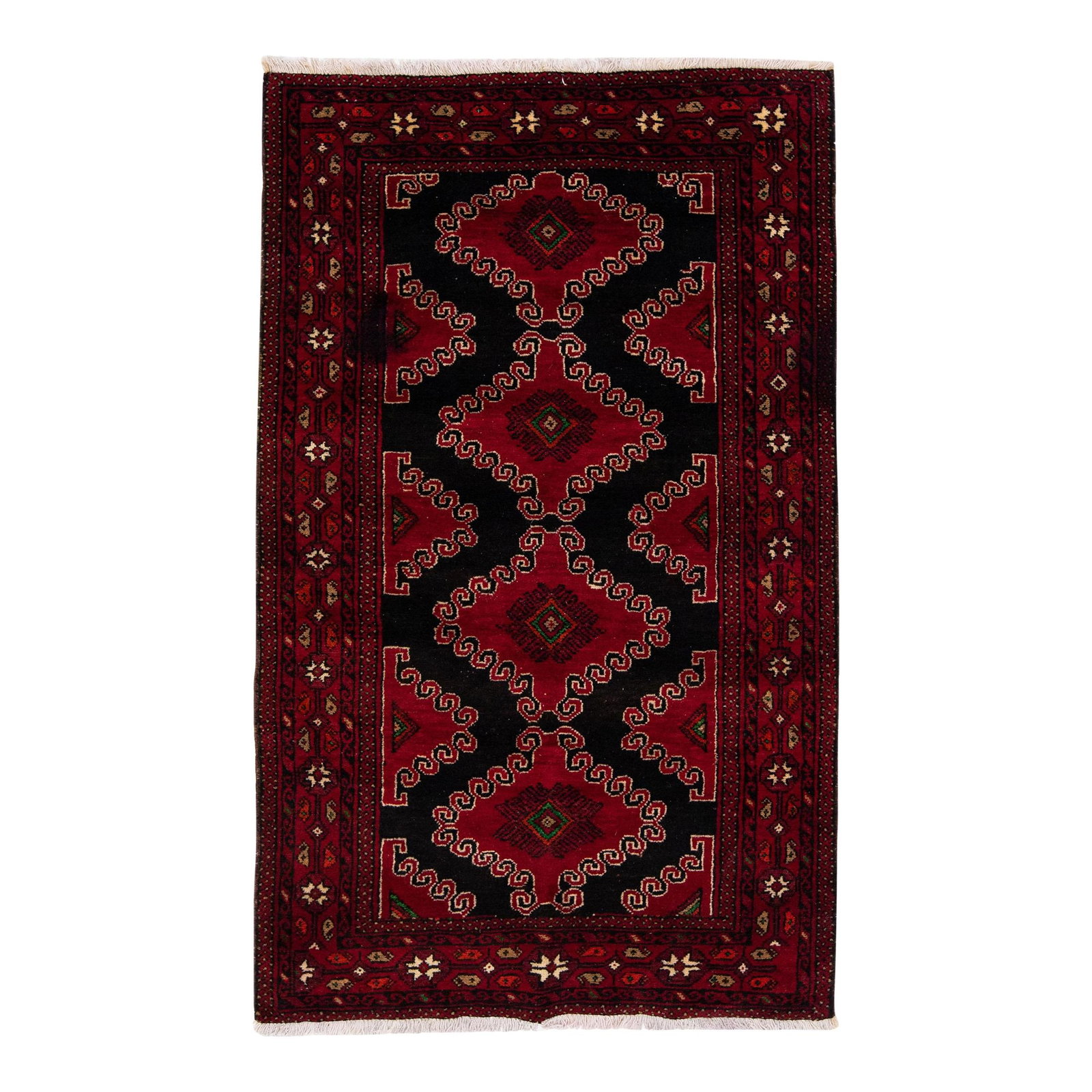 Vintage Persian Shiraz Handmade Red Wool Rug 3'10 x 6'6 Geometric Design: Vintage Persian Shiraz Handmade Red Wool Rug 3'10 x 6'6 Geometric Design Elevate your space with this stunning vintage Persian Shiraz handmade wool rug, featuring a vibrant red color field adorned wit