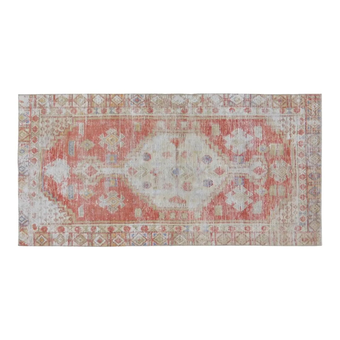 Handmade Wool Anatolian Rug in Burnt Orange 2'5 x 5': Handmade Wool Anatolian Rug in Burnt Orange 2'5 x 5' This vintage Turkish Anatolian rug is hand-knotted from wool using traditional techniques, showcasing skilled craftsmanship passed down through gen
