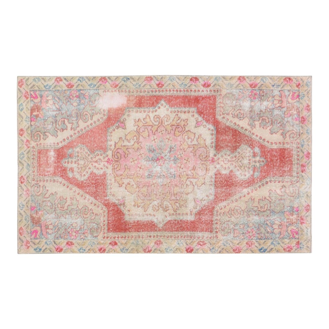 4'4 x 7'2 Hand Knotted Wool Anatolian Rug in Red: 4'4 x 7'2 Hand Knotted Wool Anatolian Rug in Red This vintage Turkish Anatolian rug features a hand-knotted wool construction with natural colors. The rug displays a red hue and is crafted with attent