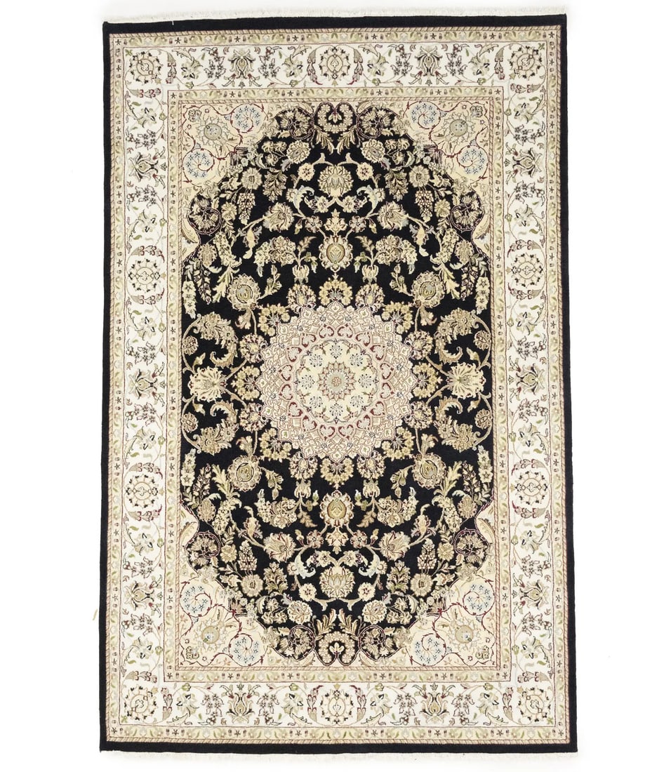 Vintage Indo-Nain Hand-Knotted Wool Silk Rug 5'9 x 9'1 Floral Medallion Design: Vintage Indo-Nain Hand-Knotted Wool Silk Rug 5'9 x 9'1 Floral Medallion Design Enhance your living space with this exquisite Indo-Nain Oriental Rug featuring a captivating black floral medallion desig