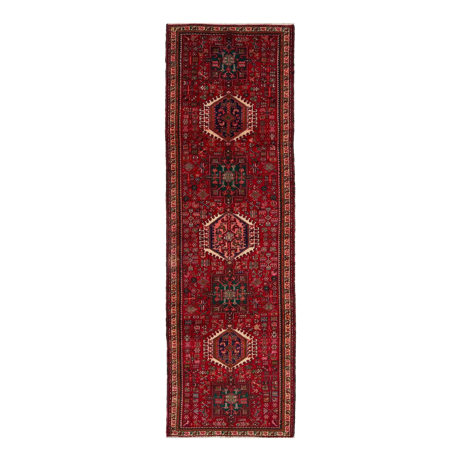 Vintage Persian Heriz Wool Runner Red with Multicolor Design 3'6 x 11'3: Vintage Persian Heriz Wool Runner Red with Multicolor Design 3'6 x 11'3 Enhance your space with this stunning Persian hand-knotted Heriz wool runner, showcasing a vibrant red field adorned with a mult