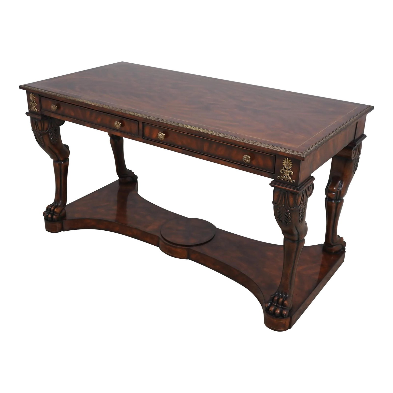 Theodore Alexander Molitor Regency Mahogany Desk with Lion Legs Replica: Theodore Alexander Molitor Regency Mahogany Desk with Lion Legs Replica Introducing the Theodore Alexander Molitor Regency Mahogany Writing Desk, a stunning addition to any home office or study. This 