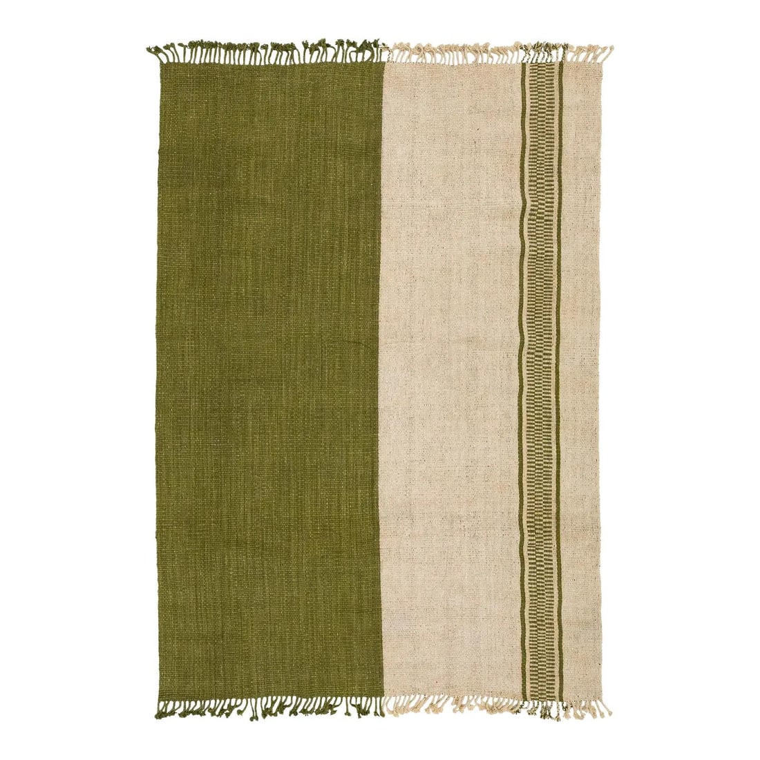 Sage Cream Wool Flatweave Kilim Rug 8x12: Sage Cream Wool Flatweave Kilim Rug 8x12 This modern Kilim-style area rug features a distinctive asymmetric color-block design, blending sage green, cream, and forest accents for a contemporary touch 