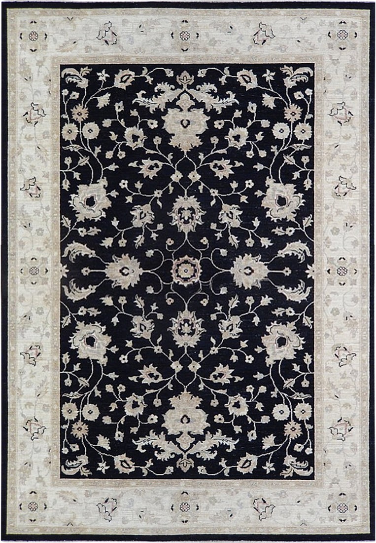 6' x 9' Black Chobi Peshawar Rug Handmade Ziegler Design: 6' x 9' Black Chobi Peshawar Rug Handmade Ziegler Design Free continental US Shipping Transform your living space with the refined elegance of the 6' x 9' Black Chobi Peshawar Rug. This exquisite hand