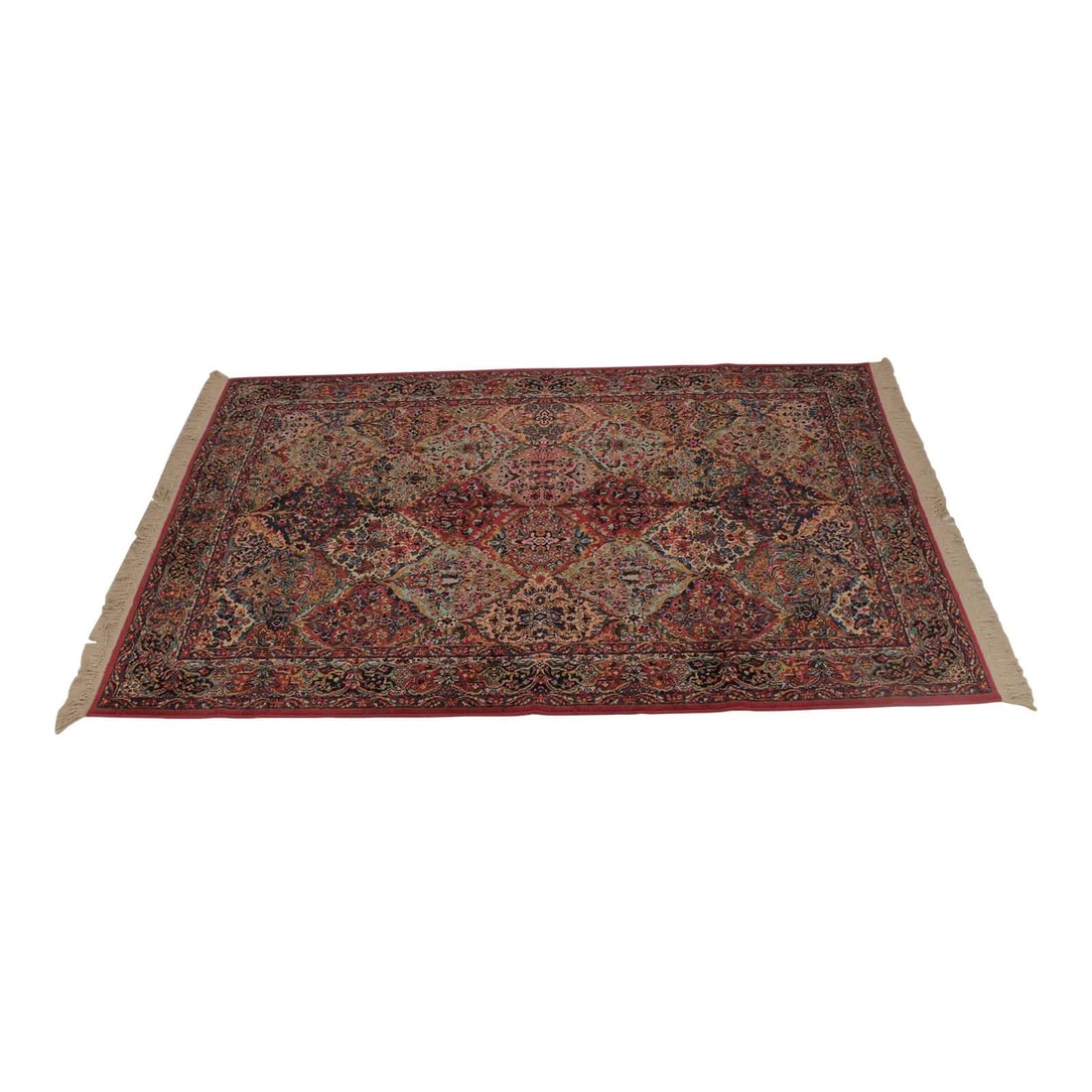 Karastan Kirman Wool Rug 6x9 Multicolor Full Fringe: Karastan Kirman Wool Rug 6x9 Multicolor Full Fringe This Karastan Kirman rug features a multicolor design with a traditional pattern, crafted from high-quality wool. The rug is approximately 25 years 