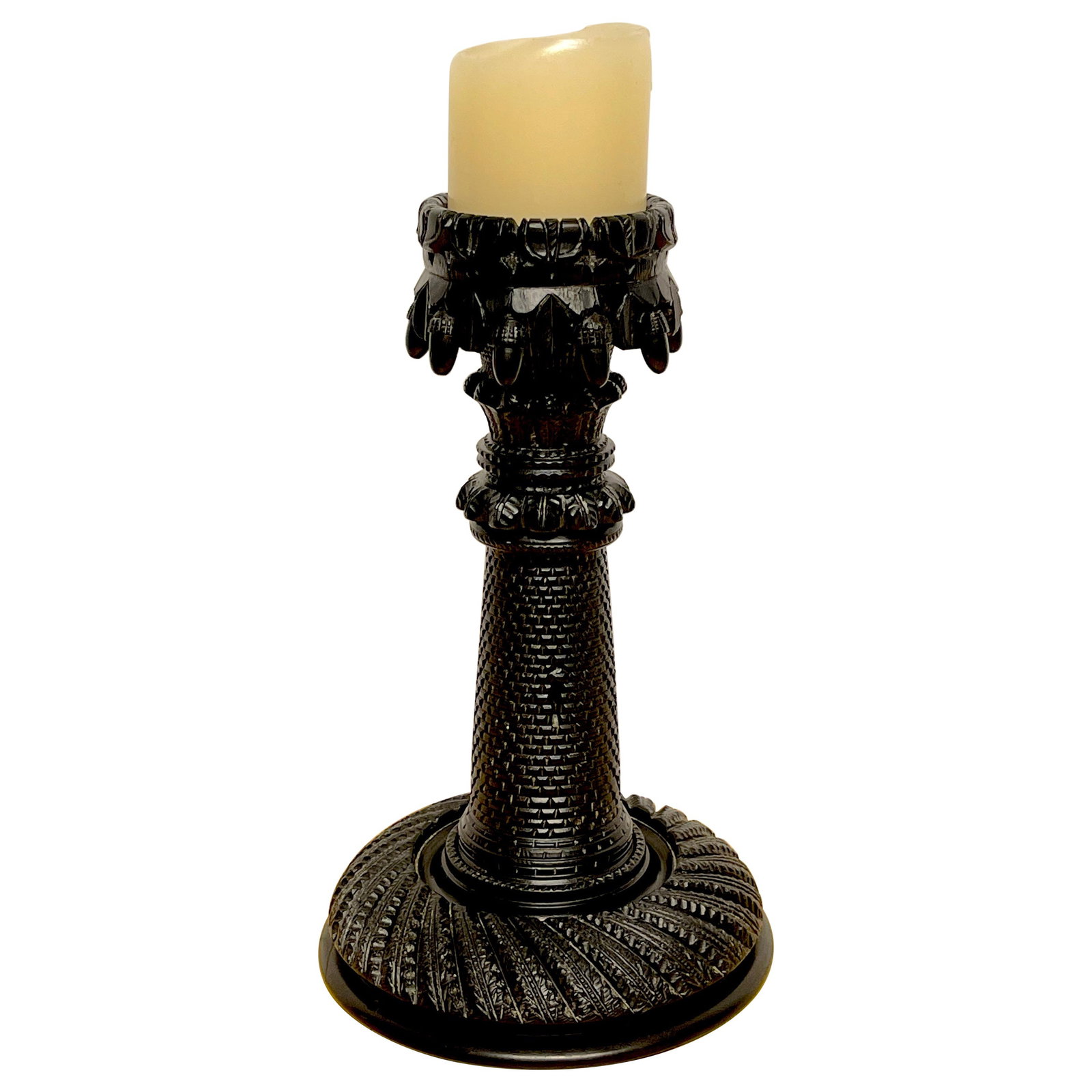 19th Century Irish Hand-Carved Bog Wood Castle Motif Candlestick (1 of 10)