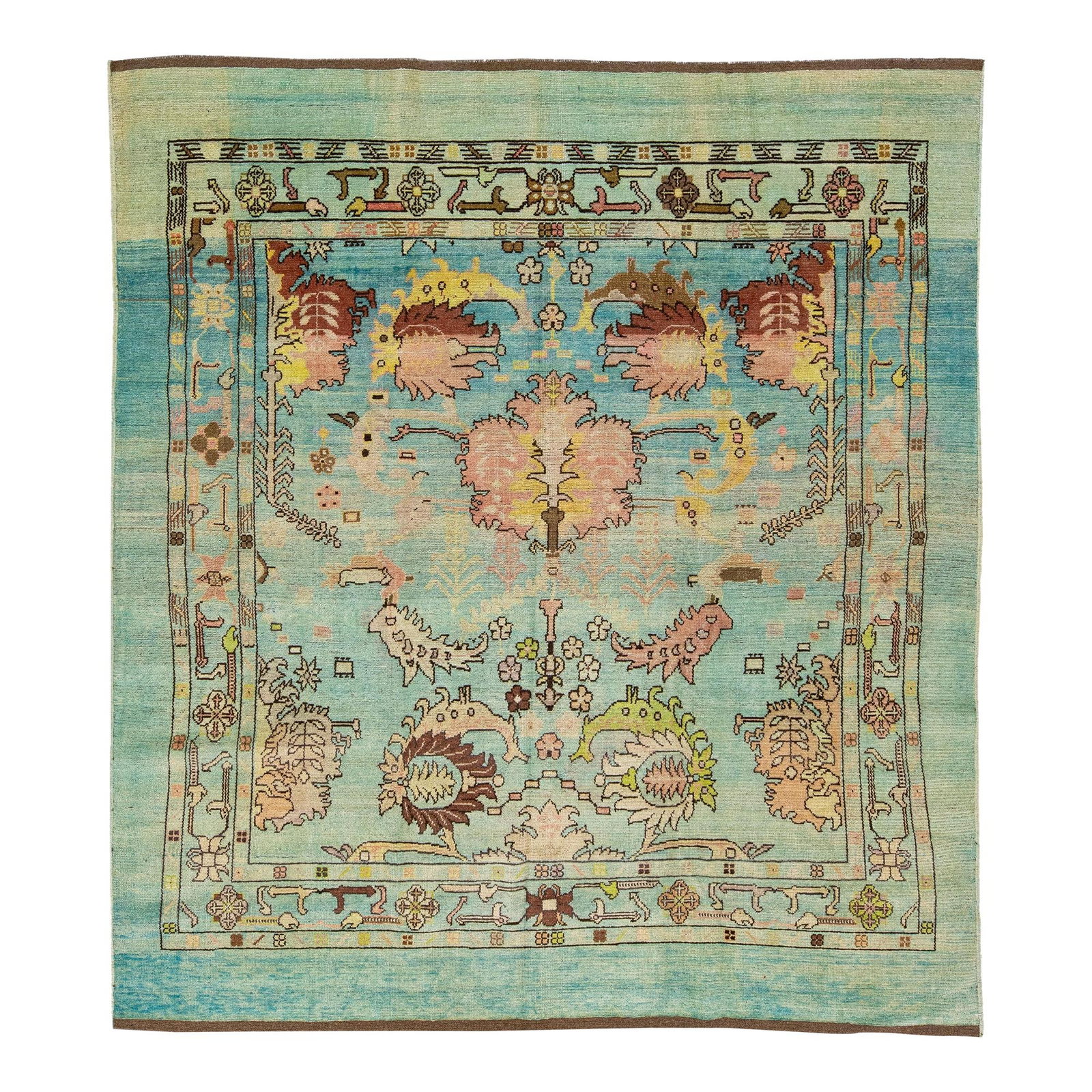 Handmade Floral Wool Rug Blue 8' x 8'10' Mid-Century Modern Design: Handmade Floral Wool Rug Blue 8' x 8'10' Mid-Century Modern Design This exquisite handmade wool rug showcases a beautiful Mid-Century Modern style, inspired by 19th-century regional artisans. The rug 