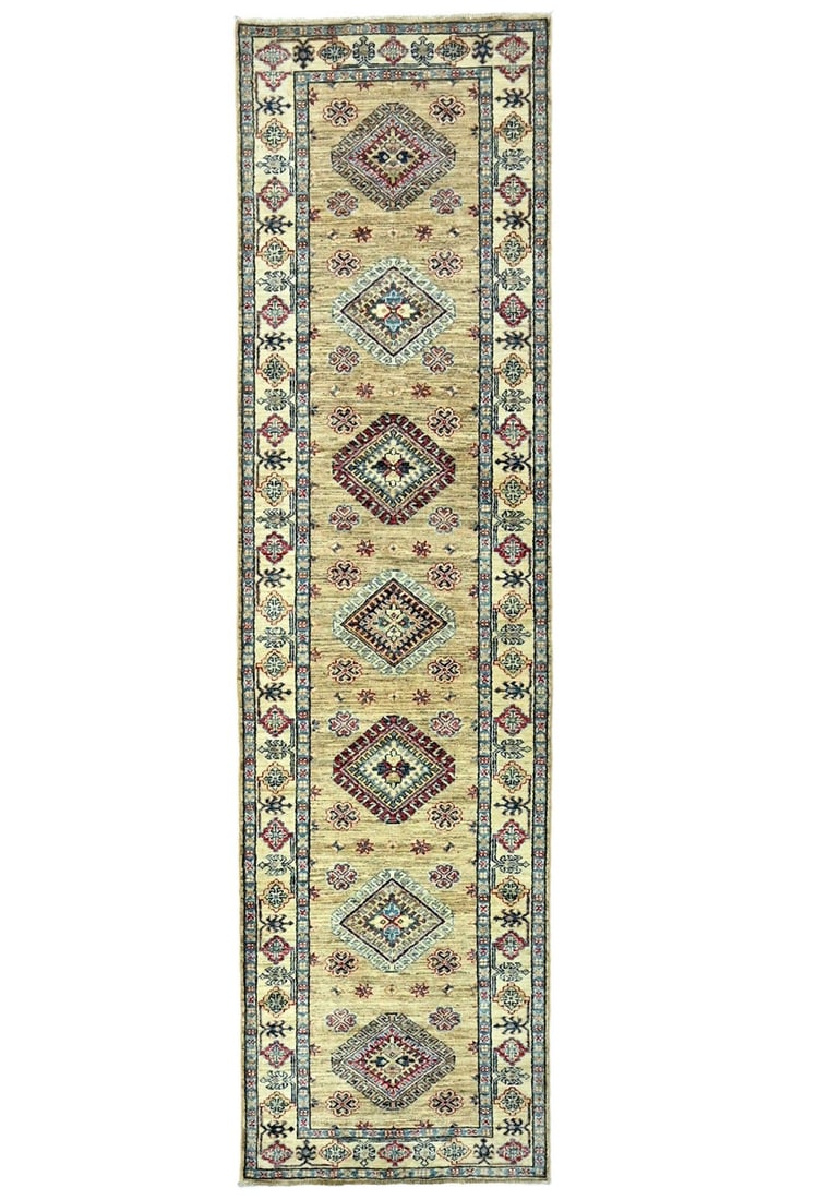 Beige Kazak Wool Tribal Runner 2'7 x 9'6: Beige Kazak Wool Tribal Runner 2'7 x 9'6 Enhance your living space with this stunning 3X10 ft Beige Tribal Geometric Kazak Runner, expertly hand-knotted from high-quality wool. Featuring a captivating