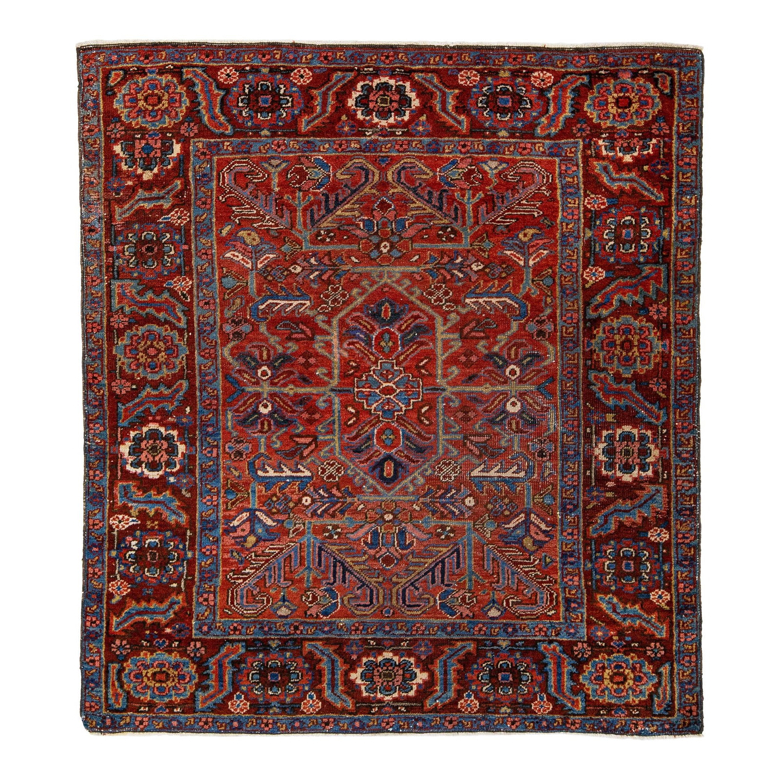 Vintage Handmade Persian Heriz Wool Rug Red Medallion 4'6 x 5': Vintage Handmade Persian Heriz Wool Rug Red Medallion 4'6 x 5' This exquisite vintage Persian Heriz rug showcases a striking red color field, elegantly framed in red with multicolor accents. The hand-