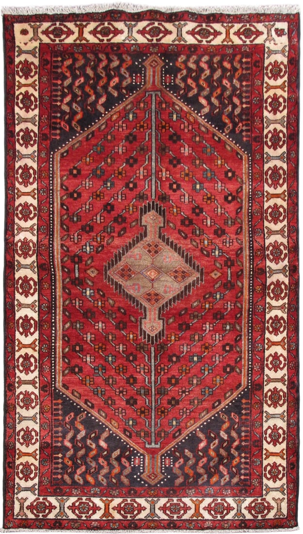 4'7 x 8' Handcrafted Persian Hamadan Area Rug Wool Brick Red Ivory Blue: 4'7 x 8' Handcrafted Persian Hamadan Area Rug Wool Brick Red Ivory Blue Free continental US Shipping Transform your living space with this exquisite 4.7' x 8' Persian Hamadan Rug, handcrafted by skill