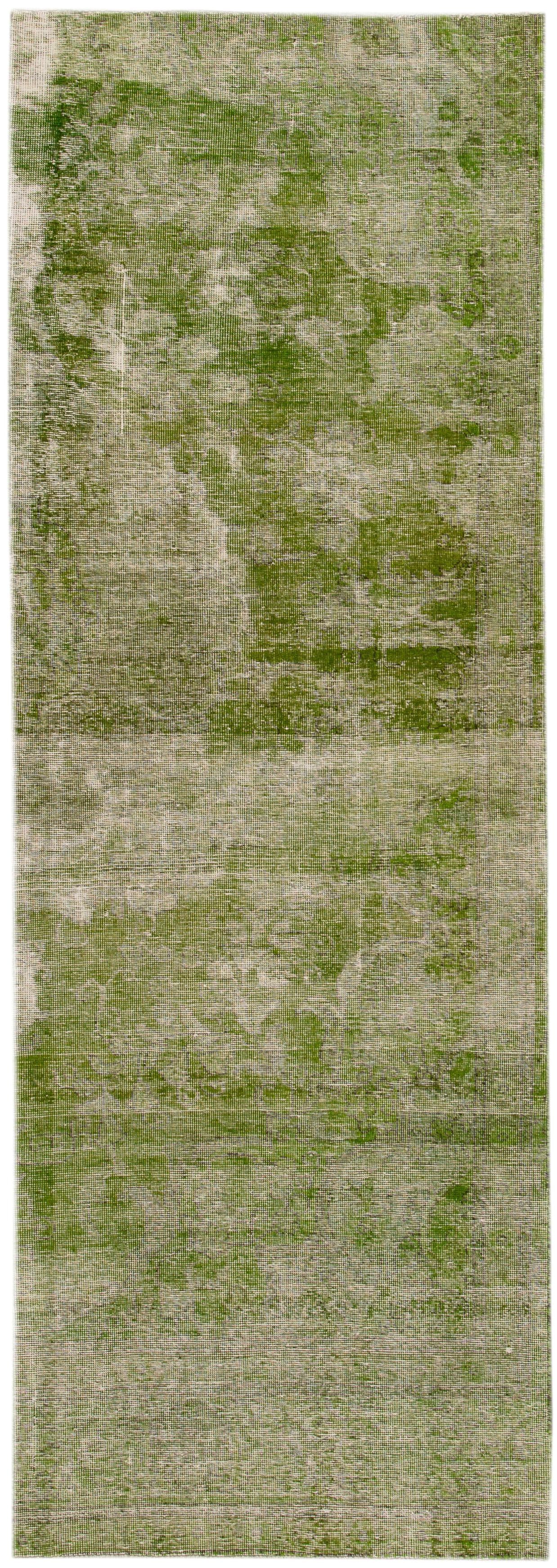 Vintage Overdyed Handmade Wool Runner Green 3'7 x 10'7: Vintage Overdyed Handmade Wool Runner Green 3'7 x 10'7 Discover the charm of this Vintage Overdyed Handmade Wool Runner, featuring a stunning green field with a distressed design that adds character t