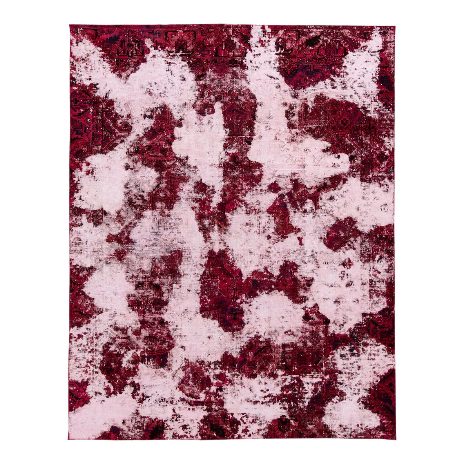 Handmade Vintage Distressed Wool Rug 9' x 11'4' Dark Pink: Handmade Vintage Distressed Wool Rug 9' x 11'4' Dark Pink This exquisite hand-knotted vintage wool rug features a captivating pink field with light pink accents and an intricate all-over design. Measu
