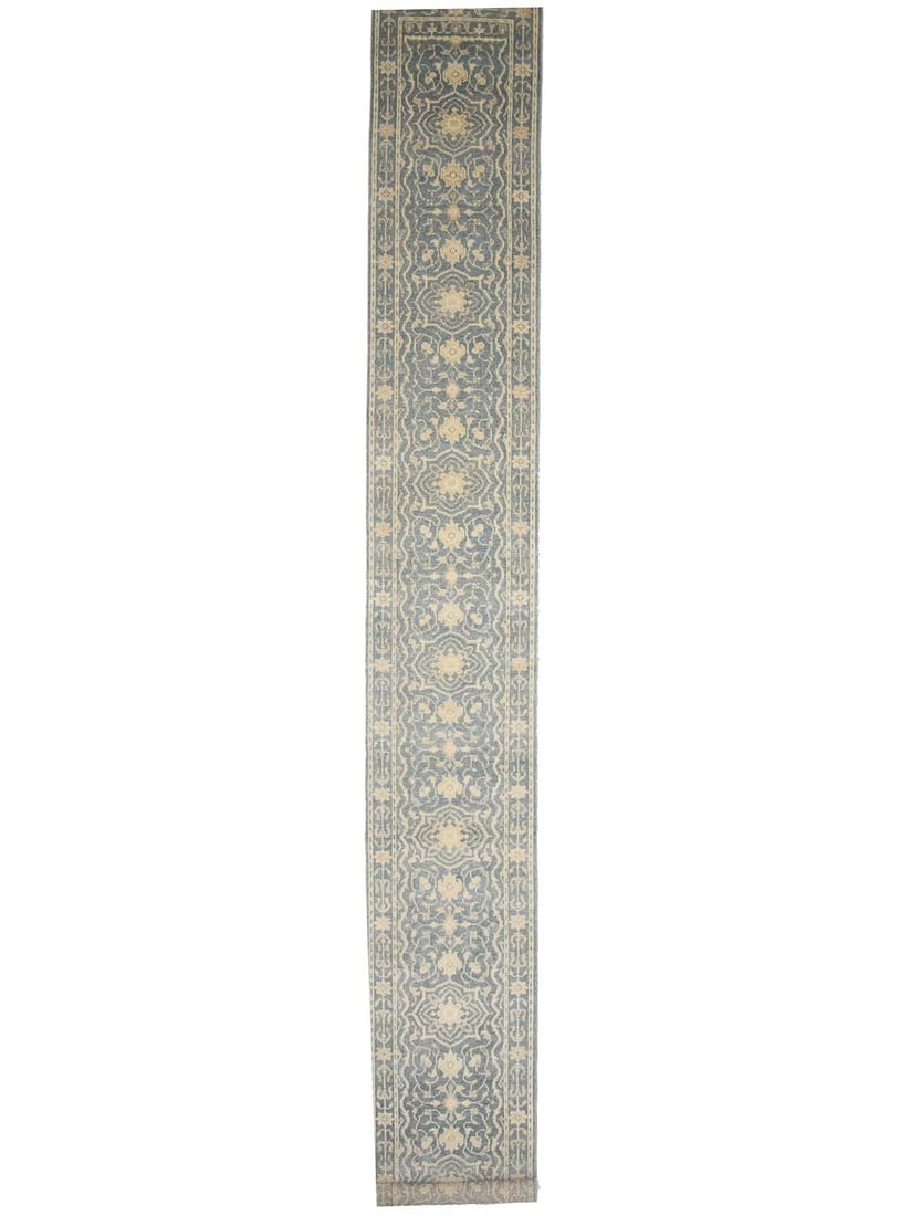Hand-Knotted Wool Runner 2'6 x 19'9 Floral Transitional Hallway Rug: Hand-Knotted Wool Runner 2'6 x 19'9 Floral Transitional Hallway Rug This hand-knotted oriental rug features a transitional floral pattern in muted tones of gray, cream, beige, and taupe. Crafted from 