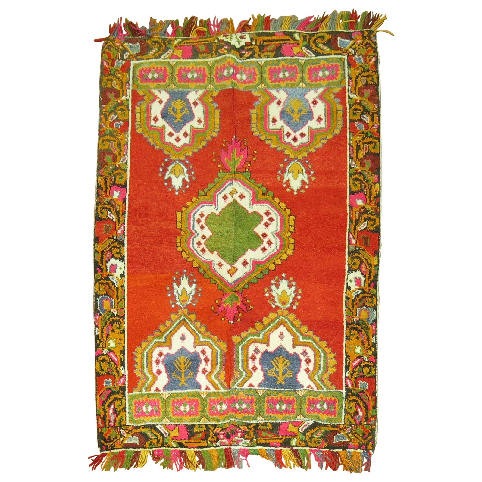 Vintage Turkish Oushak Hand-Woven Wool Rug 3'9 x 5'7 circa 1940: Vintage Turkish Oushak Hand-Woven Wool Rug 3'9 x 5'7 circa 1940 Add a touch of elegance to your home with this vintage Turkish Oushak rug, showcasing vibrant colors and playful fringes. Hand-woven fro