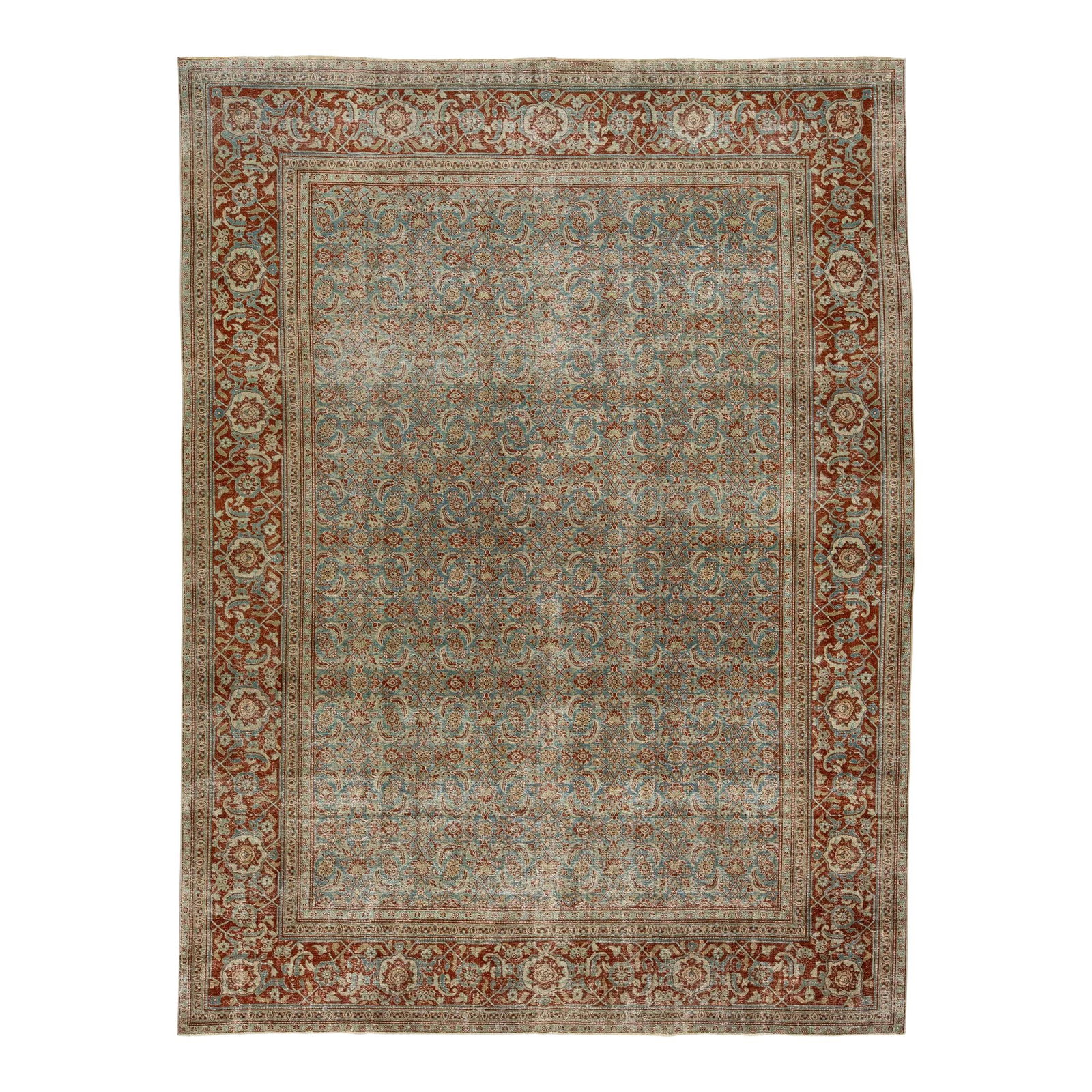 Antique Persian Tabriz Floral Wool Rug 8'9 x 11'6 Blue: Antique Persian Tabriz Floral Wool Rug 8'9 x 11'6 Blue Elevate your space with this exquisite antique Persian Tabriz rug from the 1920s. Featuring a striking blue field adorned with an intricate flora