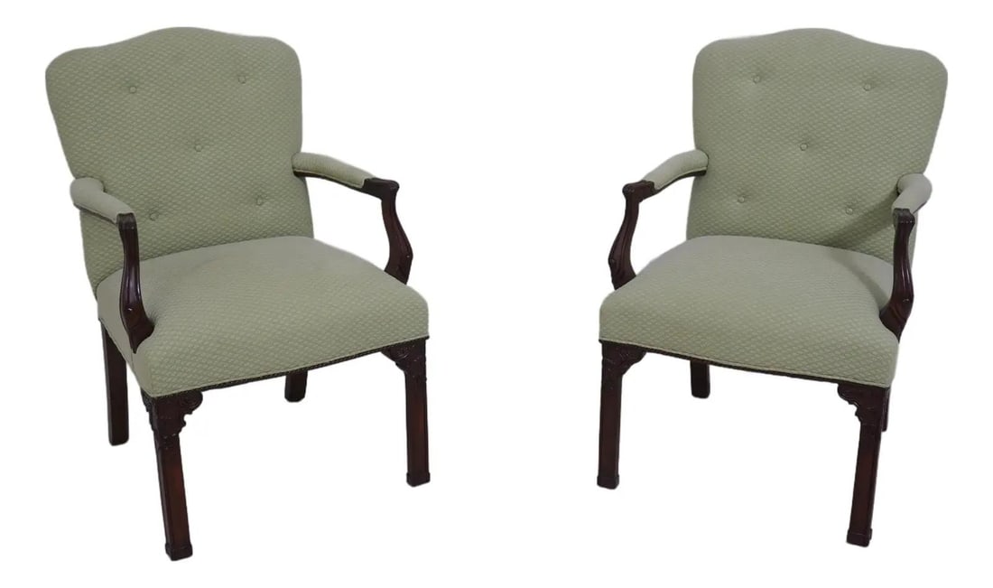 Edward Ferrell Chippendale Mahogany Library Chairs Pair Classic Design: Edward Ferrell Chippendale Mahogany Library Chairs Pair Classic Design This pair of Edward Ferrell Chippendale library chairs showcases exquisite craftsmanship and timeless design. Constructed from hi