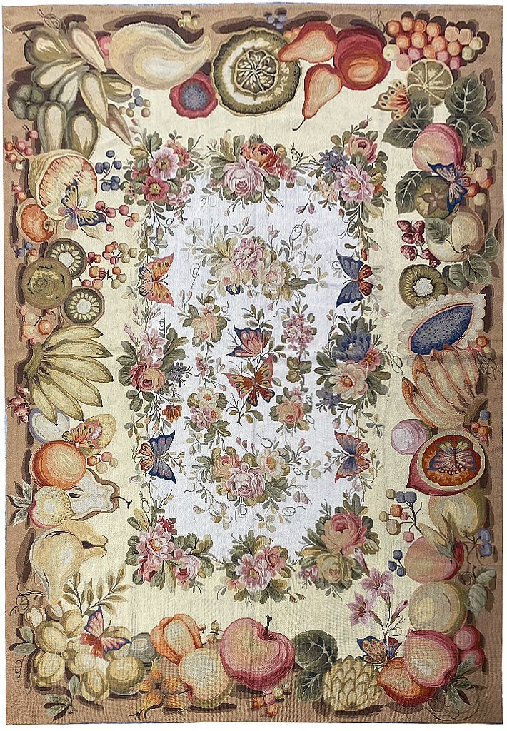 6x9 Handmade Needlepoint Rug with Vibrant Fruit Design: 6x9 Handmade Needlepoint Rug with Vibrant Fruit Design Free continental US Shipping This beautiful 6 x 9 handmade needlepoint rug features a vibrant fruit pattern, adding a touch of elegance and charm