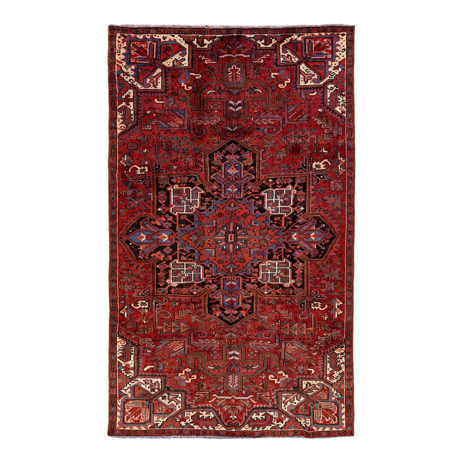Vintage Heriz Red Medallion Wool Rug 5'7 X 9'3 Hand-Knotted: Vintage Heriz Red Medallion Wool Rug 5'7 X 9'3 Hand-Knotted Discover the charm of this beautiful Vintage Heriz hand-knotted wool rug featuring a vibrant red field. The rug showcases a multicolor accen