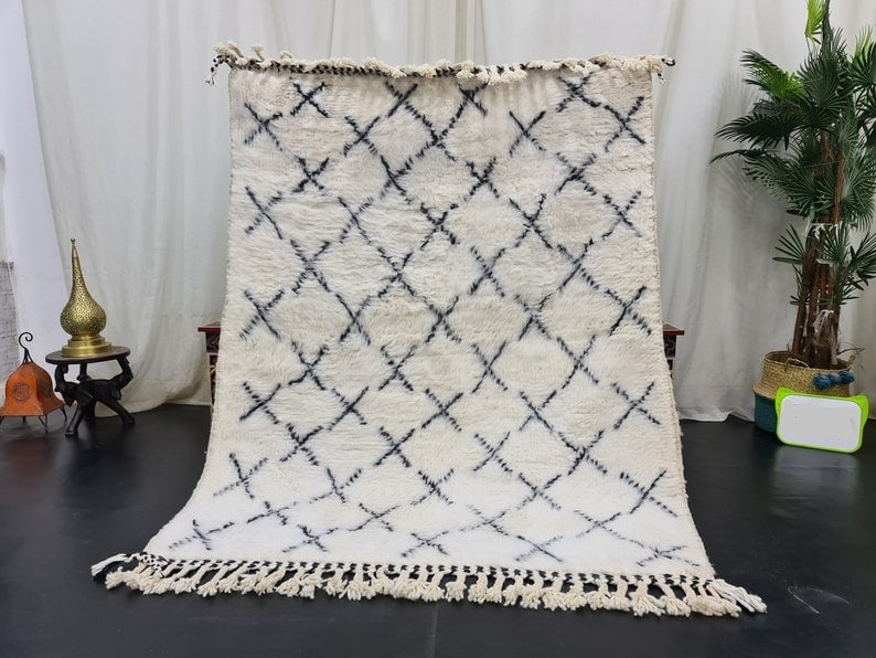 Handmade Moroccan Berber White Wool Rug with Black Designs 5 x 3.28 Feet: Handmade Moroccan Berber White Wool Rug with Black Designs 5 x 3.28 Feet Transform your space with this beautiful soft handmade Moroccan Berber white wool rug, featuring striking black patterns throug