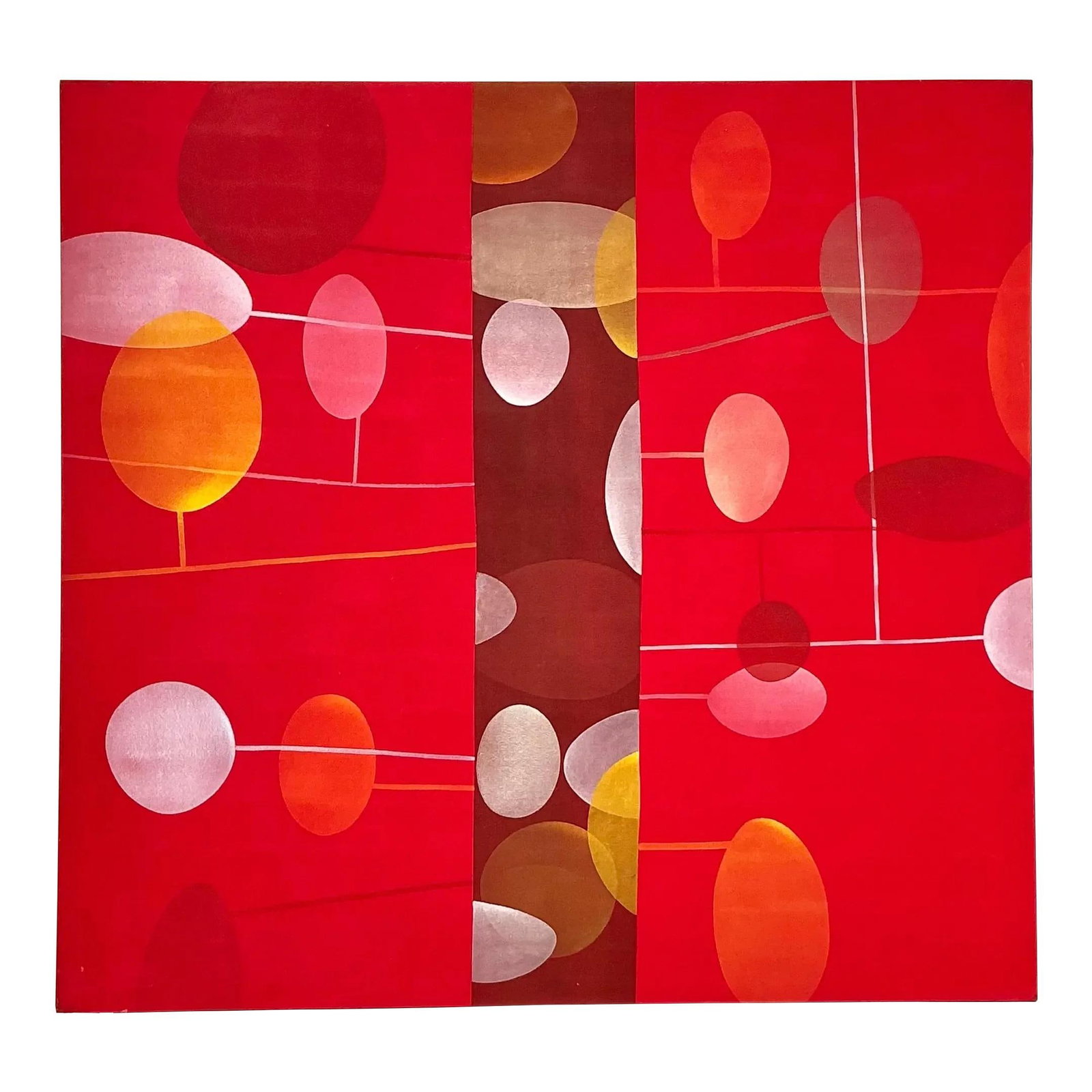 Vintage Boho Geometric Abstract Oil Painting 78 x 74 Red Canvas: Vintage Boho Geometric Abstract Oil Painting 78 x 74 Red Canvas Make a bold artistic statement with this vintage boho monumental geometric abstract oil painting on canvas. Featuring dynamic shapes, vi