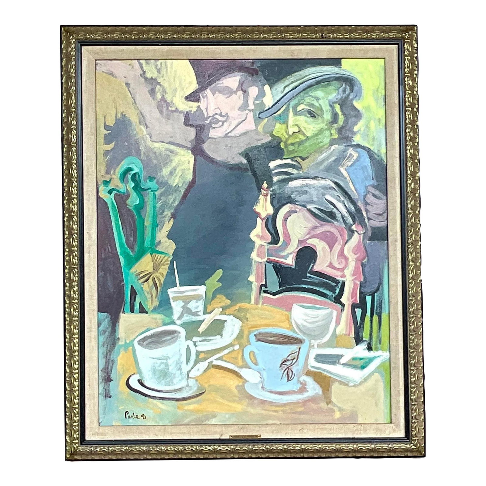 Vintage Boho Oil Painting by Parks 29 x 35.25 Signed: Vintage Boho Oil Painting by Parks 29 x 35.25 Signed Explore this sensational vintage Boho original oil painting on canvas, showcasing a brilliant depiction of an interior figural in bright, clear col