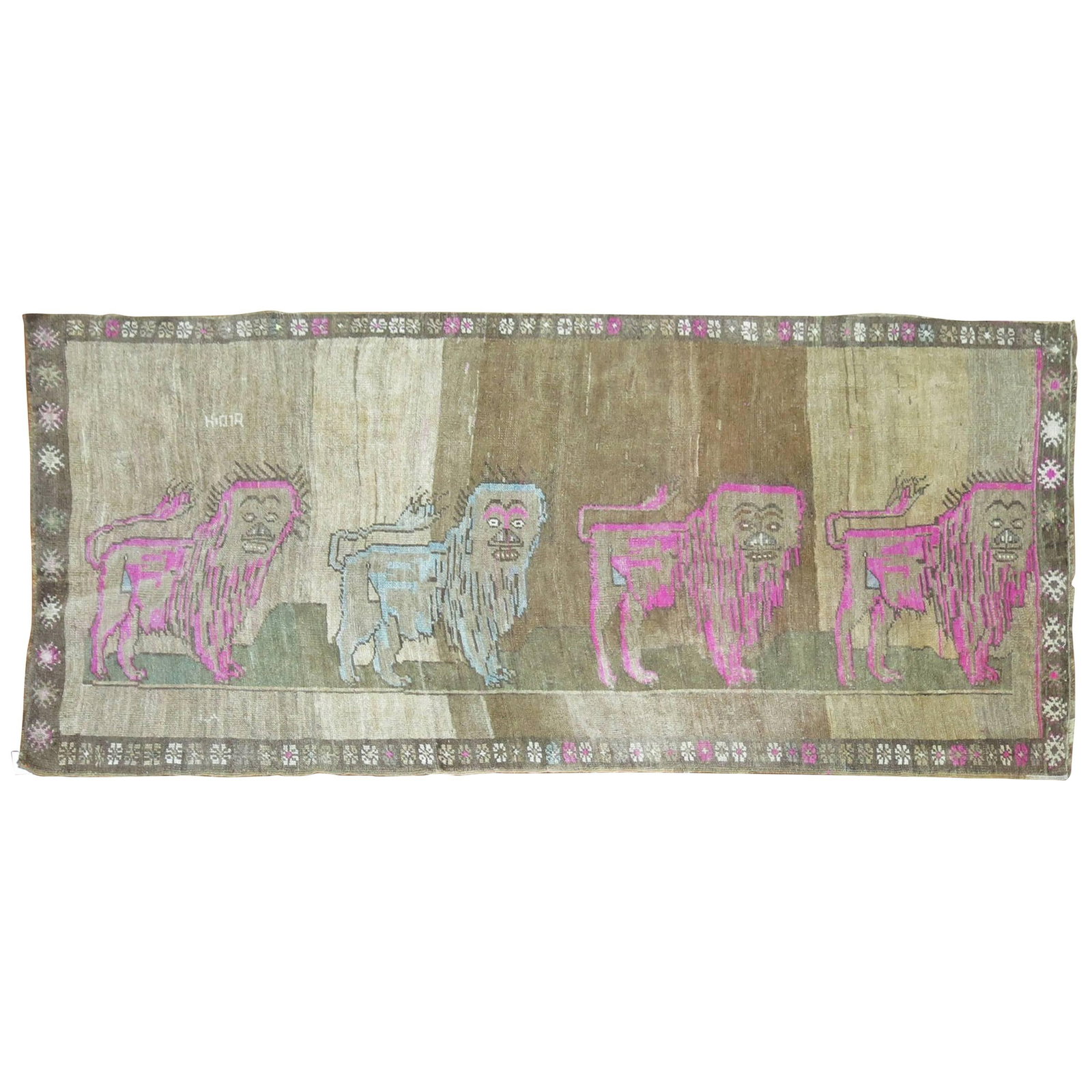 Zabihi Collection Surreal Lion Turkish Wool Runner 44x113: Zabihi Collection Surreal Lion Turkish Wool Runner 44x113 This stunning Turkish runner from the Zabihi Collection features a captivating lion pictorial design that embodies folk art style. Hand-woven 
