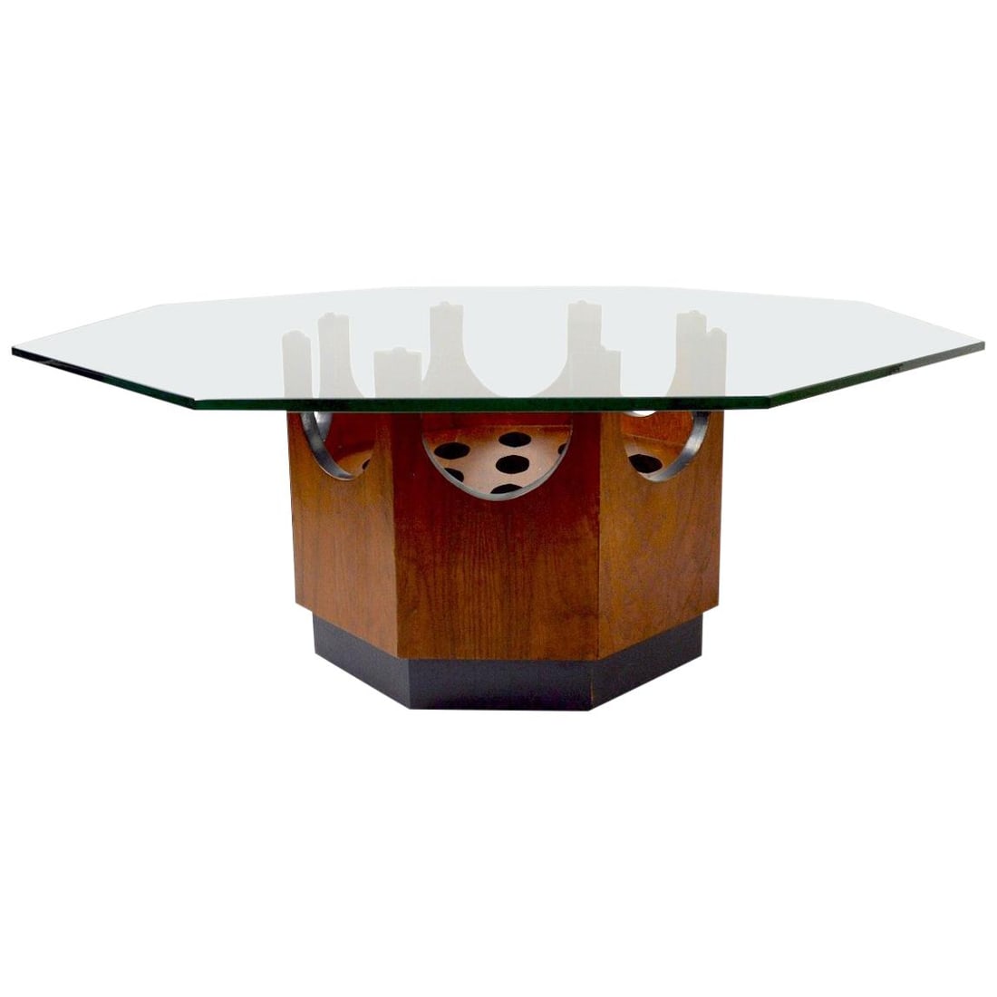 Midcentury Octagonal Table by Harvey Probber Walnut Glass Top: Midcentury Octagonal Table by Harvey Probber Walnut Glass Top This stylish octagonal table features a wood base adorned with oval cut-out decorations, supporting a thick (3/8 inch) octagonal glass top