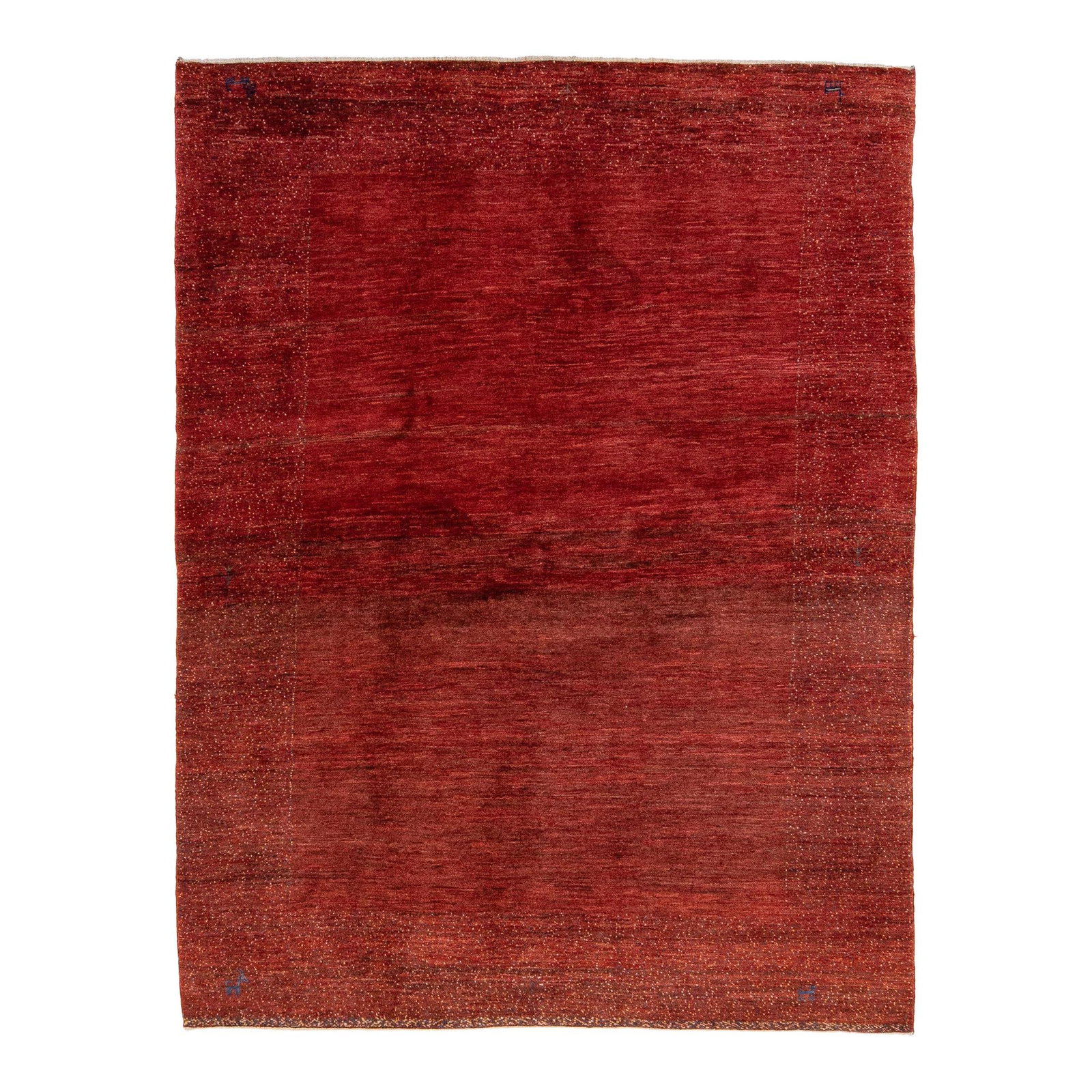 Handmade Red Gabbeh Wool Rug with Minimalist Design: Handmade Red Gabbeh Wool Rug with Minimalist Design This exquisite Gabbeh-style rug showcases a vibrant red color field, beautifully hand-woven from high-quality wool. The minimalist design is enhance
