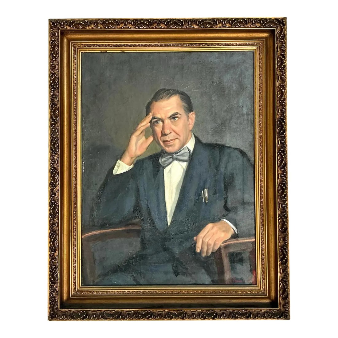 1950s Oil Painting of Gentleman in Ornate Frame Bohemian Vintage Art: 1950s Oil Painting of Gentleman in Ornate Frame Bohemian Vintage Art This original oil portrait from the 1950s features a distinguished gentleman in a classic suit and bow tie. The artist's expressive