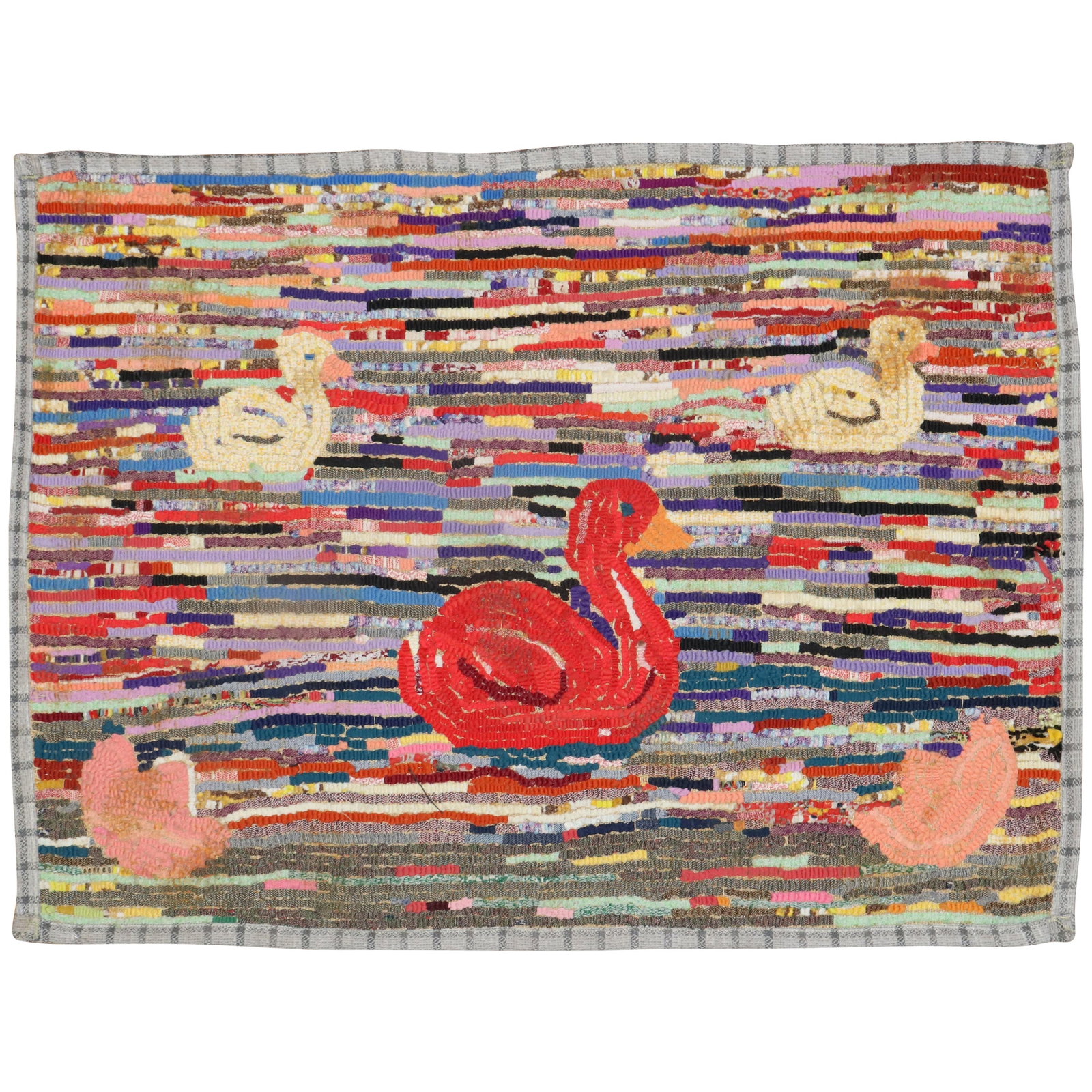 Mid-20th Century American Hand-Knotted Duck Hooked Rug 24 x 32: Mid-20th Century American Hand-Knotted Duck Hooked Rug 24 x 32 Enhance your home decor with this charming American Hooked Duck Rug, a delightful piece from the mid-20th century. Featuring a whimsical 