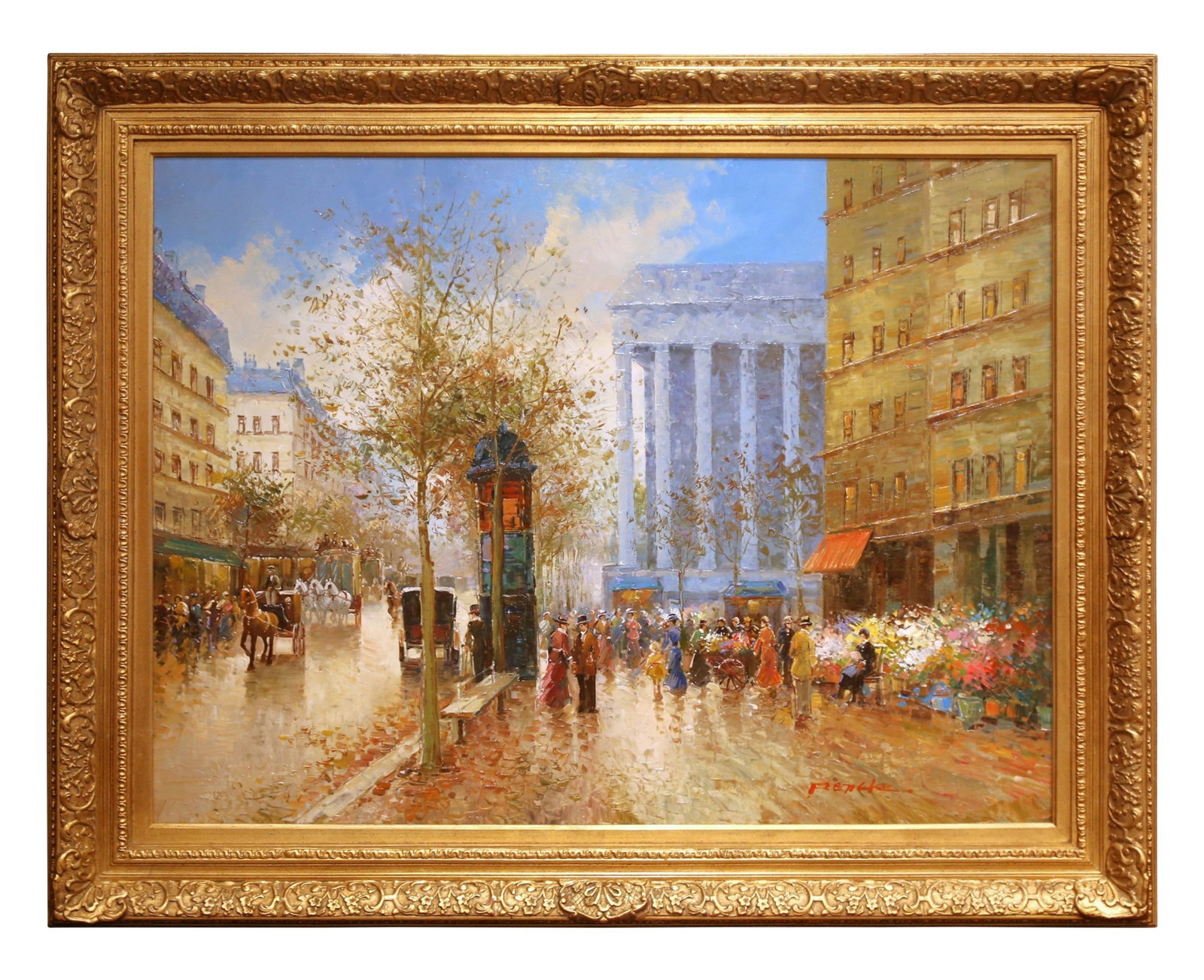 French Impressionist Oil Painting of La Madeleine by T.E. Pencke: French Impressionist Oil Painting of La Madeleine by T.E. Pencke This mid-century French oil on canvas painting by T.E. Pencke, signed lower left, depicts a vibrant Parisian street scene in front of t