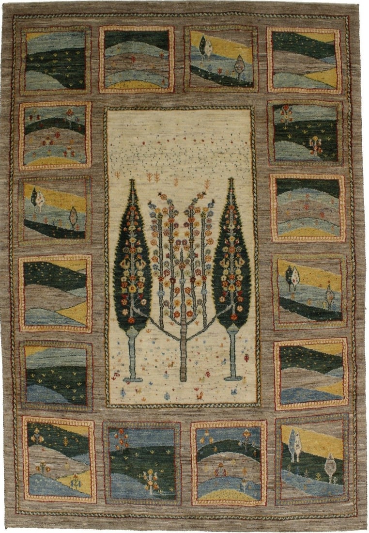 Unique Handmade Gabbeh Rug Modern Floral Design 5'6 x 8'1: Unique Handmade Gabbeh Rug Modern Floral Design 5'6 x 8'1 This exquisite handmade Gabbeh rug features a stunning landscape design that adds a touch of modern elegance to any space. Measuring 5'6" x 8'