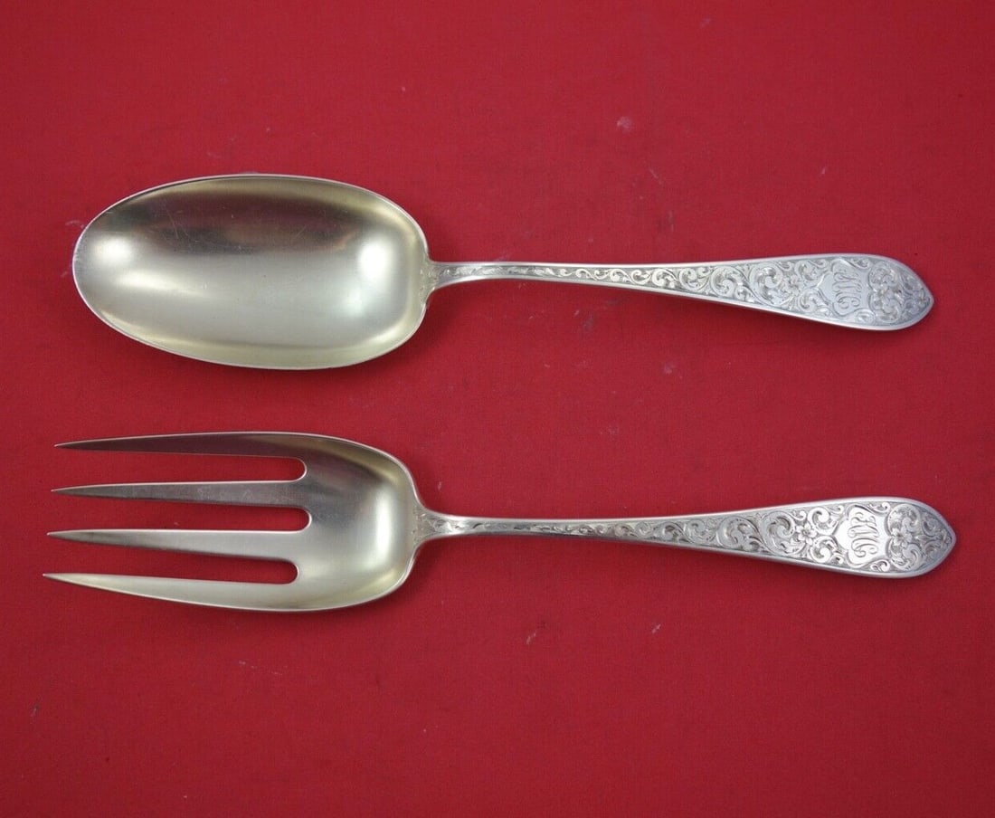 Whiting Colonial B Engraved Sterling Silver Salad Serving Set 9 1/4" Gold Washed: Whiting Colonial B Engraved Sterling Silver Salad Serving Set 9 1/4" Gold Washed This elegant salad serving set features the Colonial B Engraved pattern by Whiting, crafted from high-quality sterling 