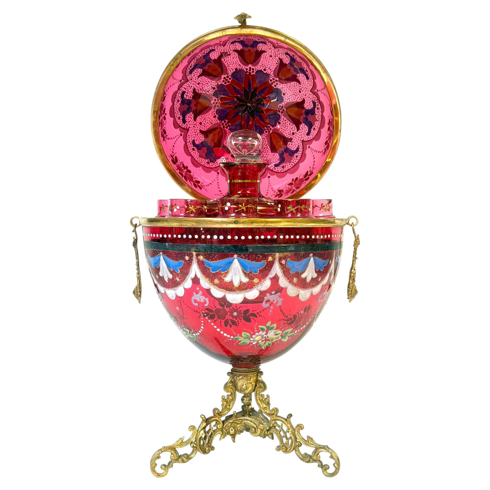 1880s Moser cranberry glass egg form tantalus with decanter and 8 cordial glasses (1 of 18)